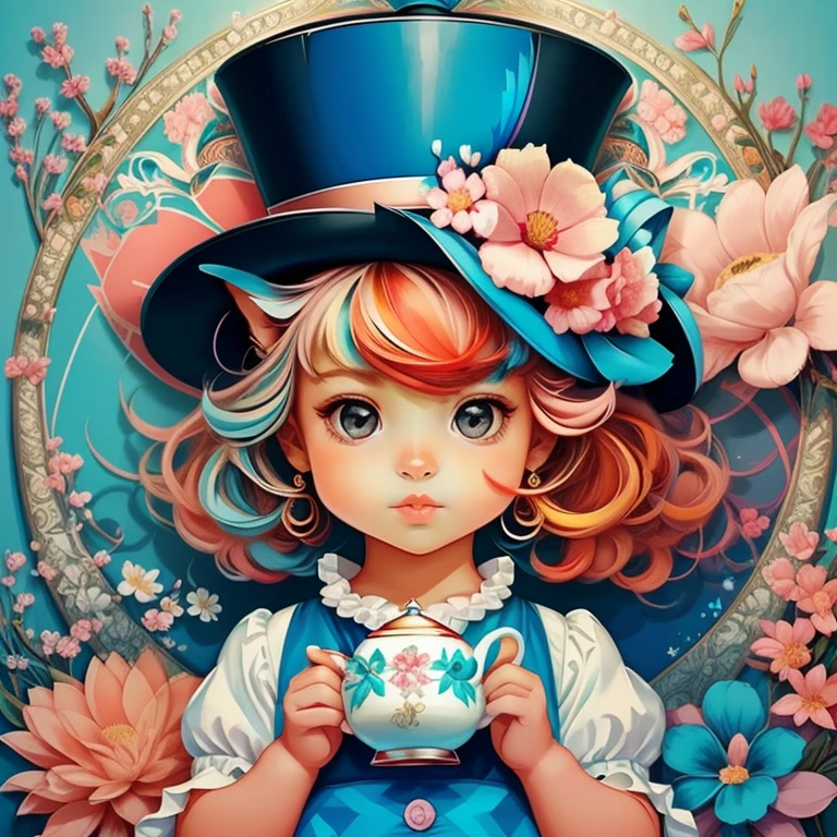 ((|) (cute baby cat with pink top hat, tea pot and flowers) stylized identical to 1940 |)), acolchoamento ,multidimensional geometric wall PORTRAIT, arte, Chibi,
Yang016K, lindo,(( Predominant red coloration ,azul e branco))
Primary works, qualidade superior, melhor qualidade, Arte Oficial, Beautiful and Aesthetic,),  Eduardo Kobra acolchoamento ,multidimensional geometric wall PORTRAIT, arte, Chibo,detalhes