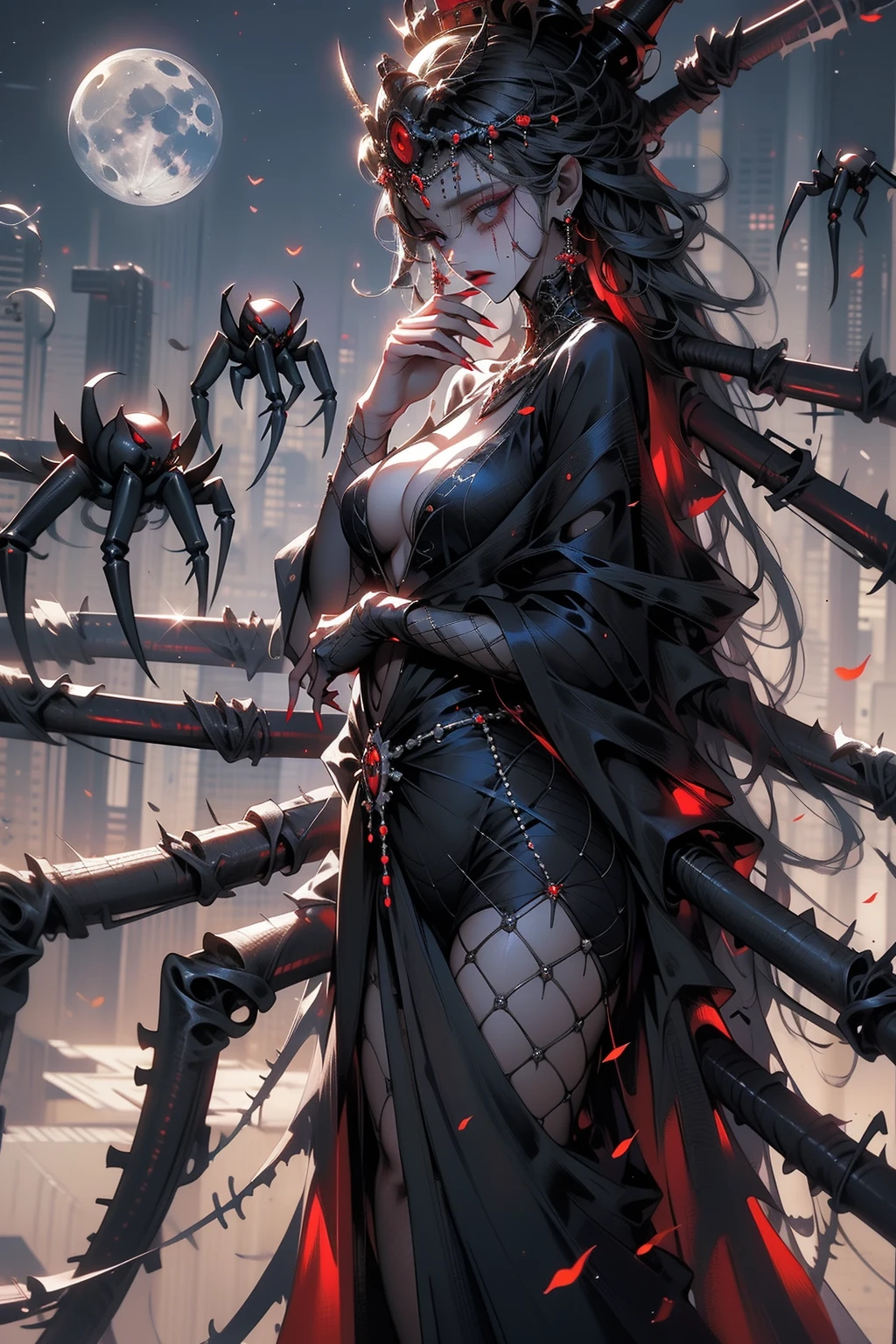 tmasterpiece,Best quality at best,ultra - detailed,realisticlying,actual,photography of,1个Giant Breast Girl,Alone,diadems,耳Nipple Ring,Pearls and jewelry,full bodyesbian,long fingernails,Black dress,Spider leg,horror theme,dreads,Sinophobia,the night,themoon,