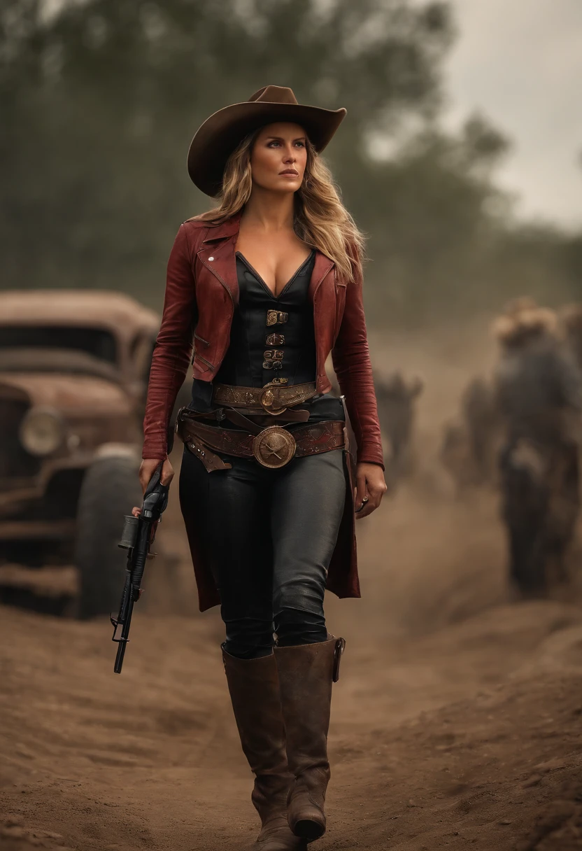 Female gunslinger ,Ali Larter, wearing a mix of red and black cowboy outfit and black hat, crop top and thong with garterbelt and stockings, walking the dusty roads of Dodge City, mid body portrait, dim volumetric lighting, art by artgerm and greg rutkowski and alphonse mucha, 8k octane beautifully detailed render, post-processing, portrait, extremely hyper-detailed, intricate, epic composition, cinematic lighting, masterpiece, trending on artstation, very very detailed, masterpiece, stunning, ,make_3d,oil paint