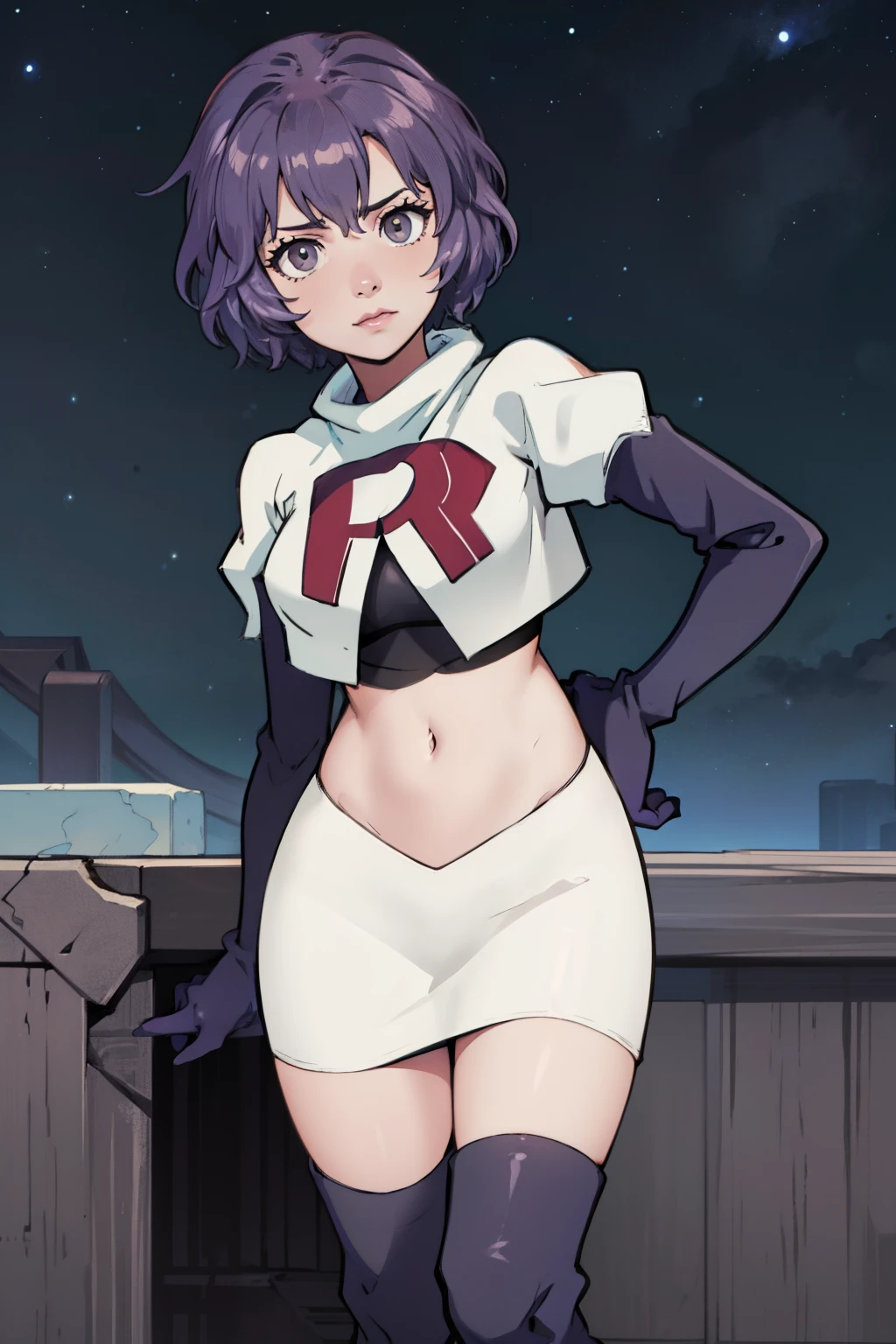 defBernie, grey eyes, purple hair, team rocket uniform, red letter R, white skirt,white crop top,black thigh-high boots, black elbow gloves, looking at viewer, cowboy shot, sexy pose , night sky background