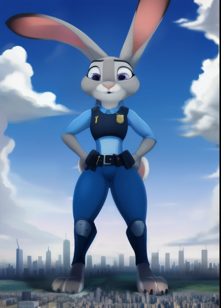 judy hopps, bunny, anthro, furry, 1girl, solo, police uniform, purple eyes, (best quality), (bunny ears:1.2), portrait, giantess, giga giantess, macro, clouds, (GTSGiga, cityscape, urban sprawl:1.4), standing up,