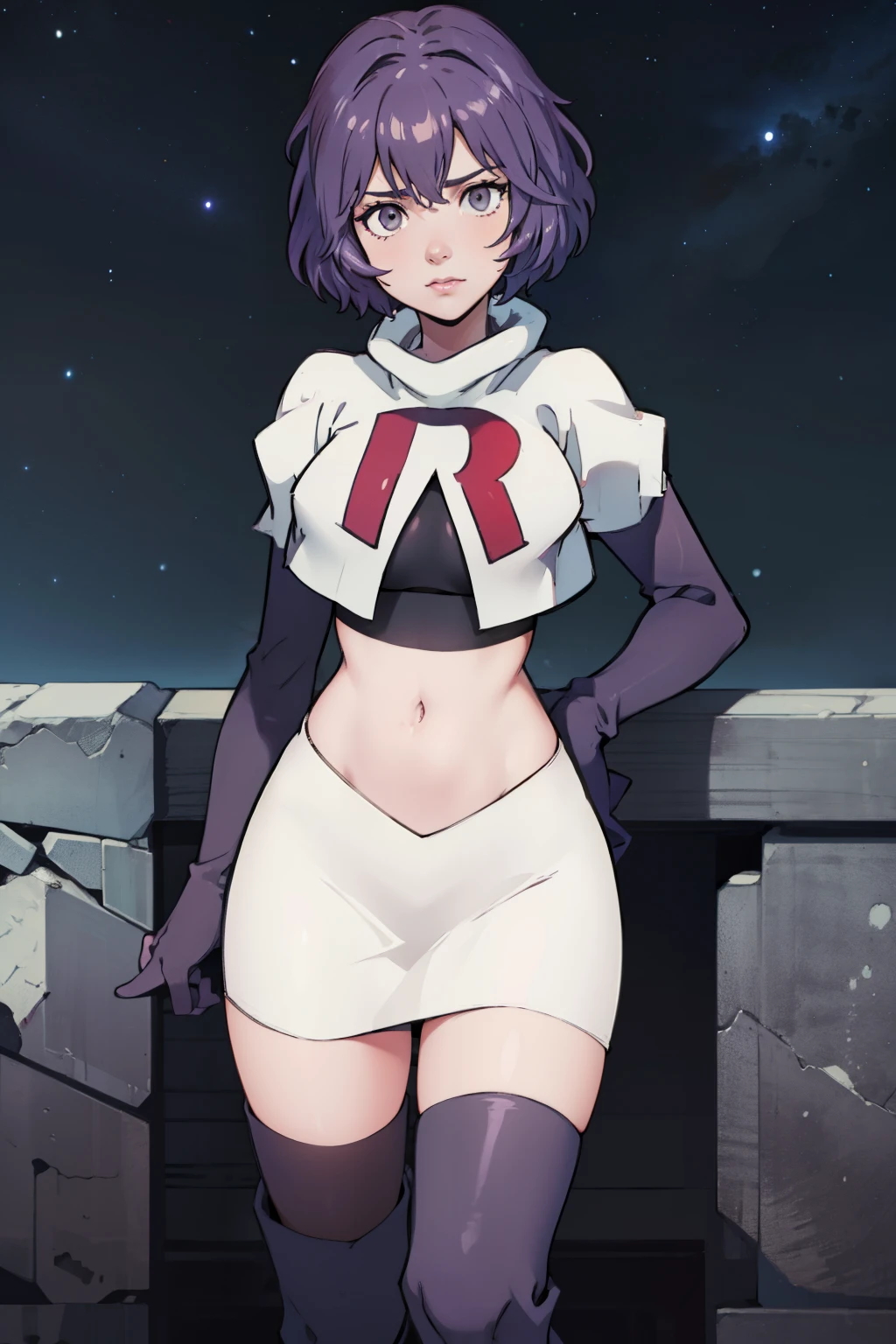 defBernie, grey eyes, purple hair, team rocket uniform, red letter R, white skirt,white crop top,black thigh-high boots, black elbow gloves, looking at viewer, cowboy shot, sexy pose , night sky background