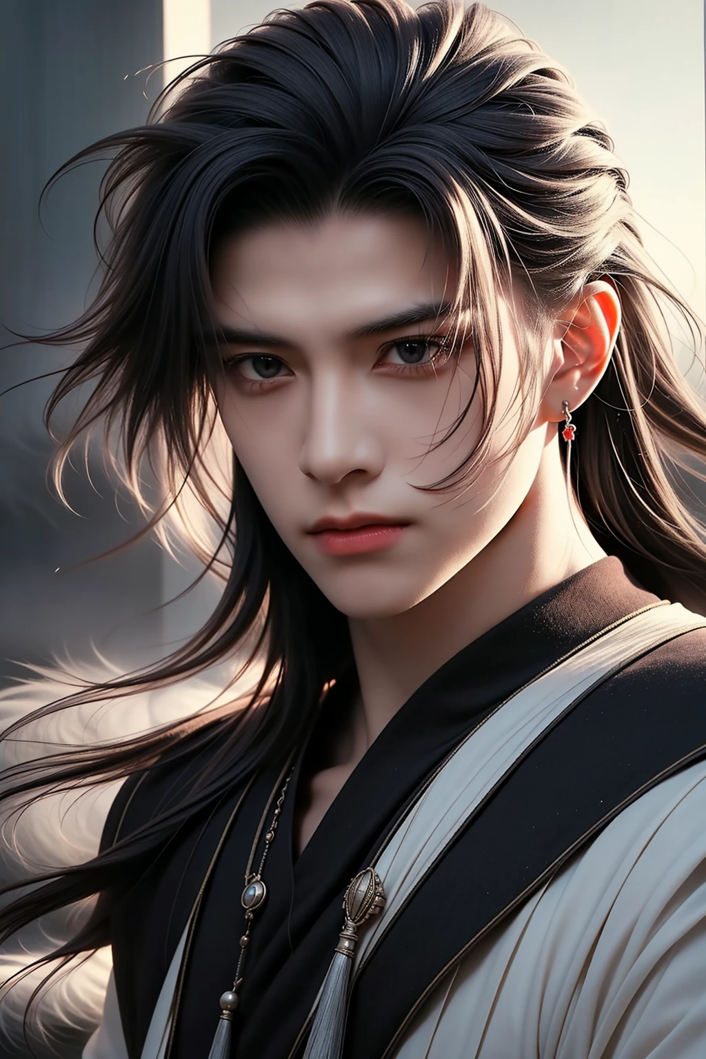 realisticlying,actual,photography of,tmasterpiece,Best quality at best,ultra - detailed,extremely detaild的 CG unified 8k wallpapers,(1boys:1.1),silber hair,full bodyesbian,cage,smokes,火焰,knifes,holdingweapon,Black Themes,