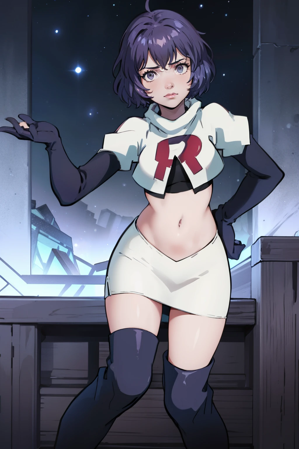 defBernie, grey eyes, purple hair, team rocket uniform, red letter R, white skirt,white crop top,black thigh-high boots, black elbow gloves, looking at viewer, cowboy shot, sexy pose , night sky background