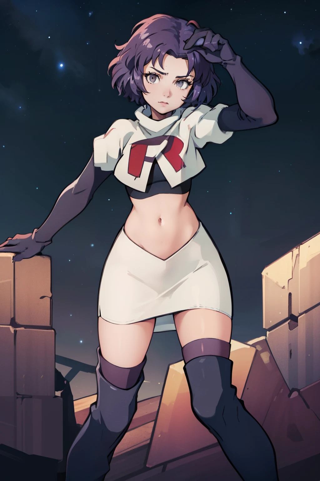defBernie, grey eyes, purple hair, team rocket uniform, red letter R, white skirt,white crop top,black thigh-high boots, black elbow gloves, looking at viewer, cowboy shot, sexy pose , night sky background