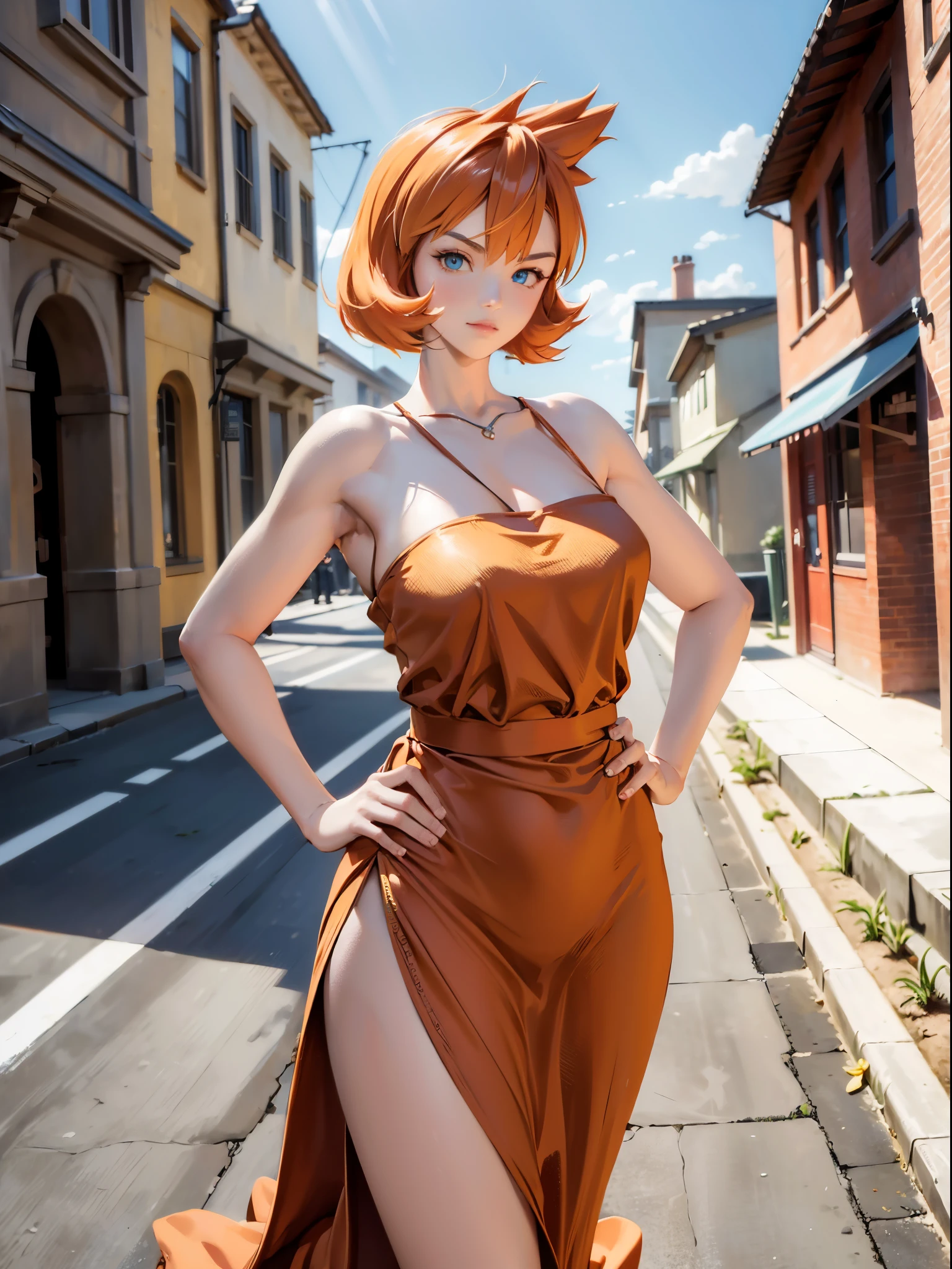 1girl, Misty_Pokemon, side ponytail, orange hair, ((long red strapless dress, standing, hands on hips, thighs focus, smug, in a street, looking at viewer)), curvy figure, overlooking city, blush, day 

BREAK 

(((Masterpiece))), ((Highly detailed character)), ((perfect eyes)), ((perfect face)), ((best quality)), ((perfect hands)), high resolution, highly detailed image, thick thighs

 BREAK

 Beautiful background, volumetric lighting,