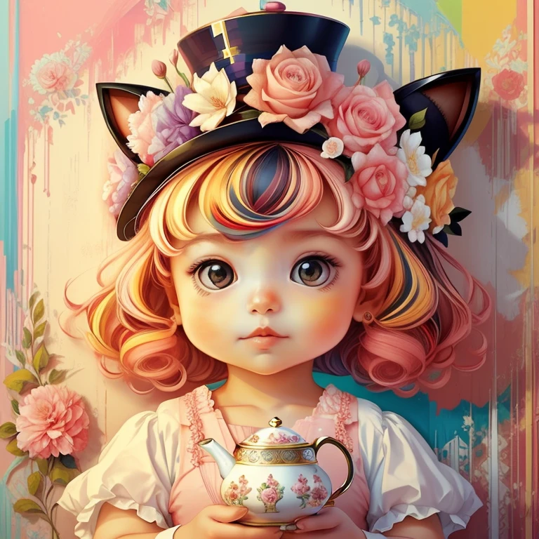 ((|) (cute baby cat with pink top hat, tea pot and flowers) stylized identical to 1940 |)), acolchoamento ,multidimensional geometric wall PORTRAIT, arte, Chibi,
Yang016K, lindo,(( Predominant red coloration ,rosa e branco))
Primary works, qualidade superior, melhor qualidade, Arte Oficial, Beautiful and Aesthetic,),  Eduardo Kobra acolchoamento ,multidimensional geometric wall PORTRAIT, arte, Chibo,detalhes