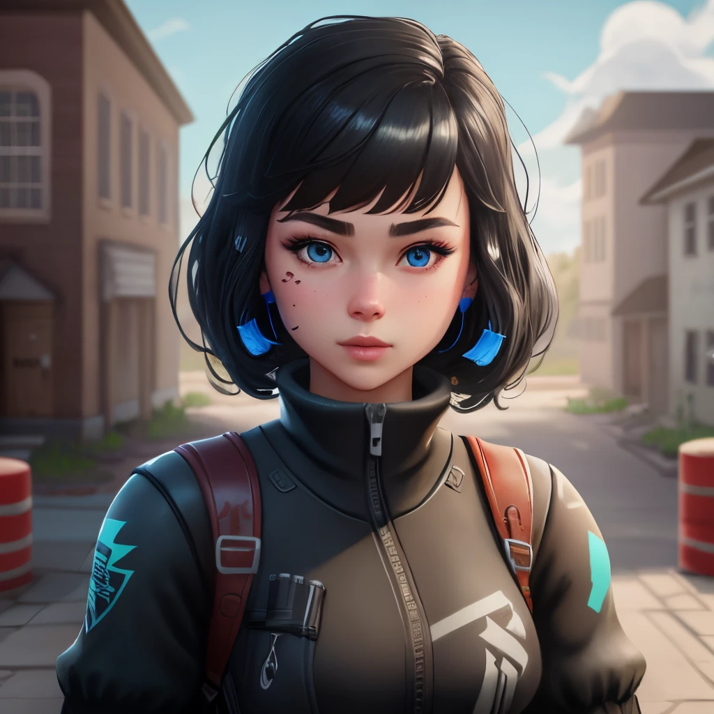 Fortnite skin: black haired girl with bangs has blue eyes and wearing all black