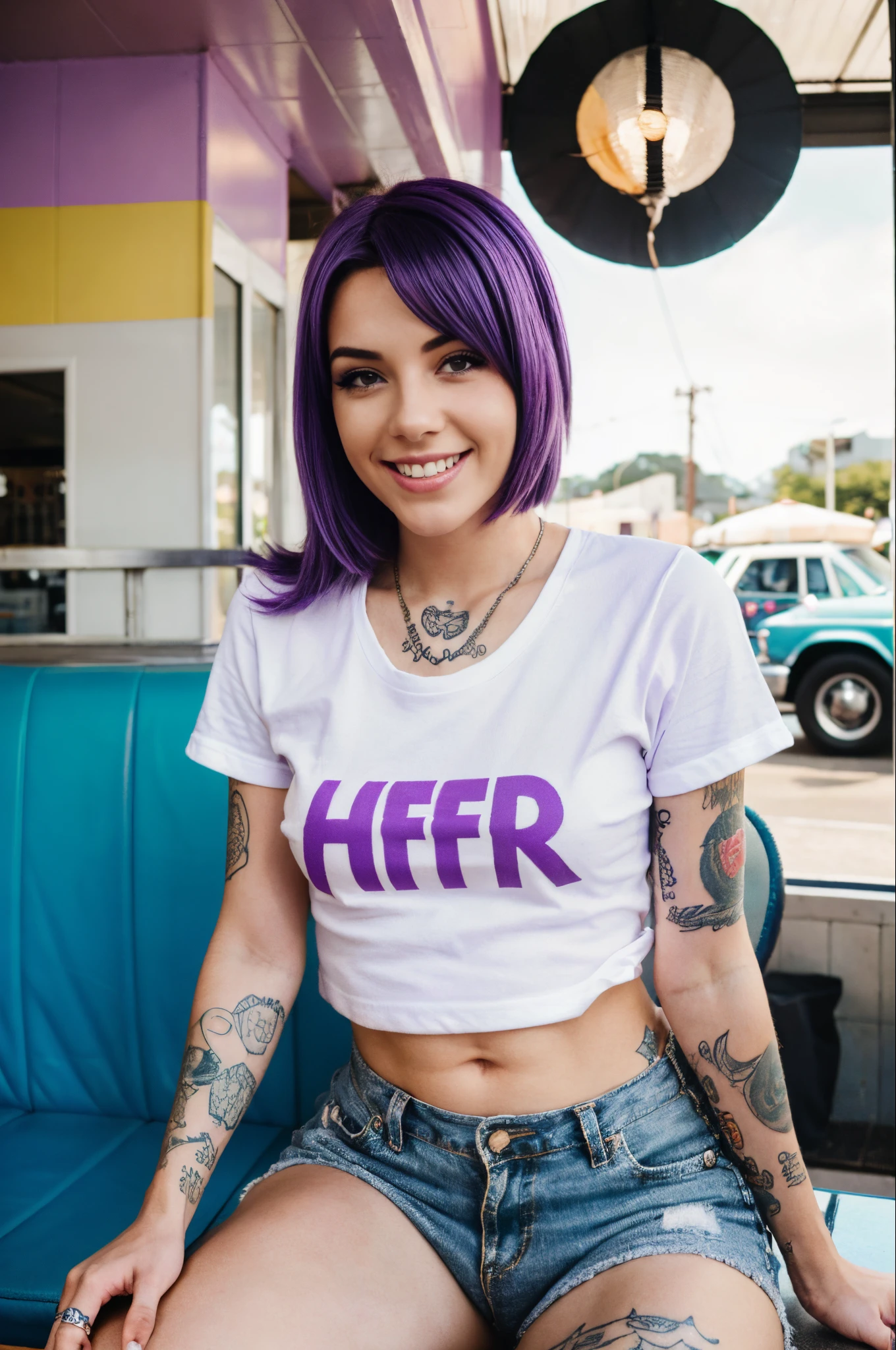 street photography photo of Kimberly of a young woman with purple hair, smile, happy, cute t-shirt, tattoos on her arms, sitting in a 50s diner