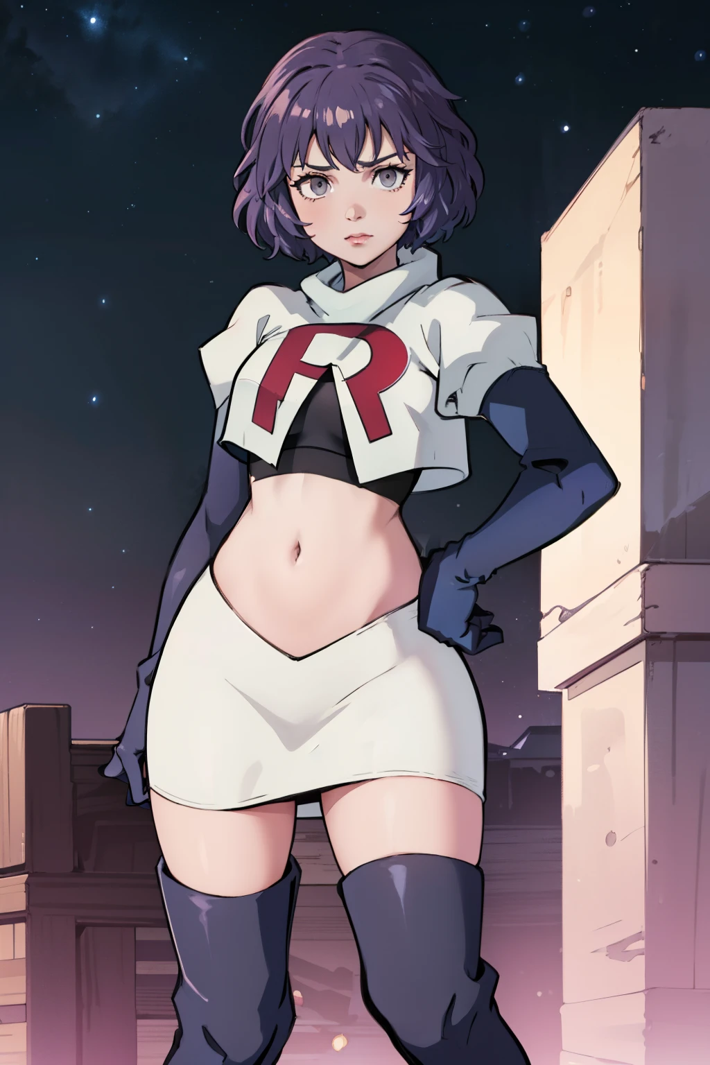 defBernie, grey eyes, purple hair, team rocket uniform, red letter R, white skirt,white crop top,black thigh-high boots, black elbow gloves, looking at viewer, cowboy shot, sexy pose , night sky background
