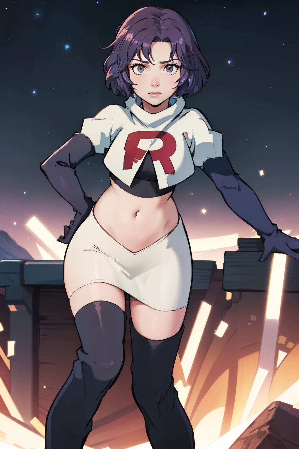 defBernie, grey eyes, purple hair, team rocket uniform, red letter R, white skirt,white crop top,black thigh-high boots, black elbow gloves, looking at viewer, cowboy shot, sexy pose , night sky background