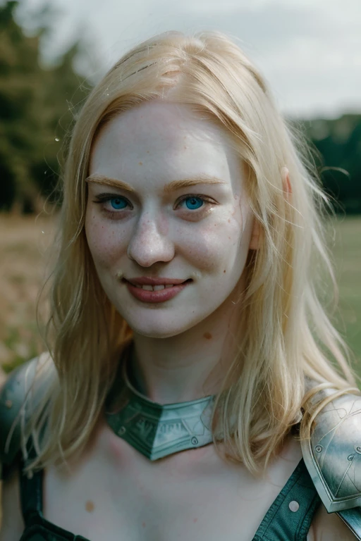 Ultra realistic photography of dbwl woman with many huge beauty marks on her natural pale white skin  ,    (medium shot:1.4) ,  (full body portrait:.6), 
 (SFW),  (((armor))) , dressed, upper arms,   ((in frame)),

 ((fighting stance)),  natural (  pale light blonde eyelashes) , blue eyes, medieval background,
 detailed Natural pale white skin  with (many huge round beauty marks) , smile, light pale blonde eyebrows,
 happy, clean cheeks,
detailed, natural light blonde,  outdoors, sunny, high resolution, photograph, RAW photo, [[sexy]]