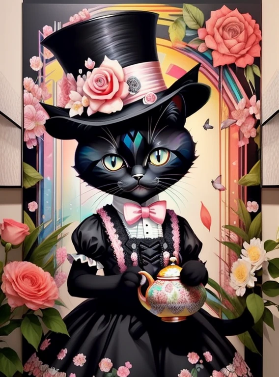 ((|) (cute black baby cat with pink top hat, tea pot and flowers) stylized identical to 1940 |)), acolchoamento ,multidimensional geometric wall PORTRAIT, arte, Chibi,
Yang016K, lindo,(( Predominant red coloration ,rosa e branco))
Primary works, qualidade superior, melhor qualidade, Arte Oficial, Beautiful and Aesthetic,),  Eduardo Kobra acolchoamento ,multidimensional geometric wall PORTRAIT, arte, Chibo,detalhes