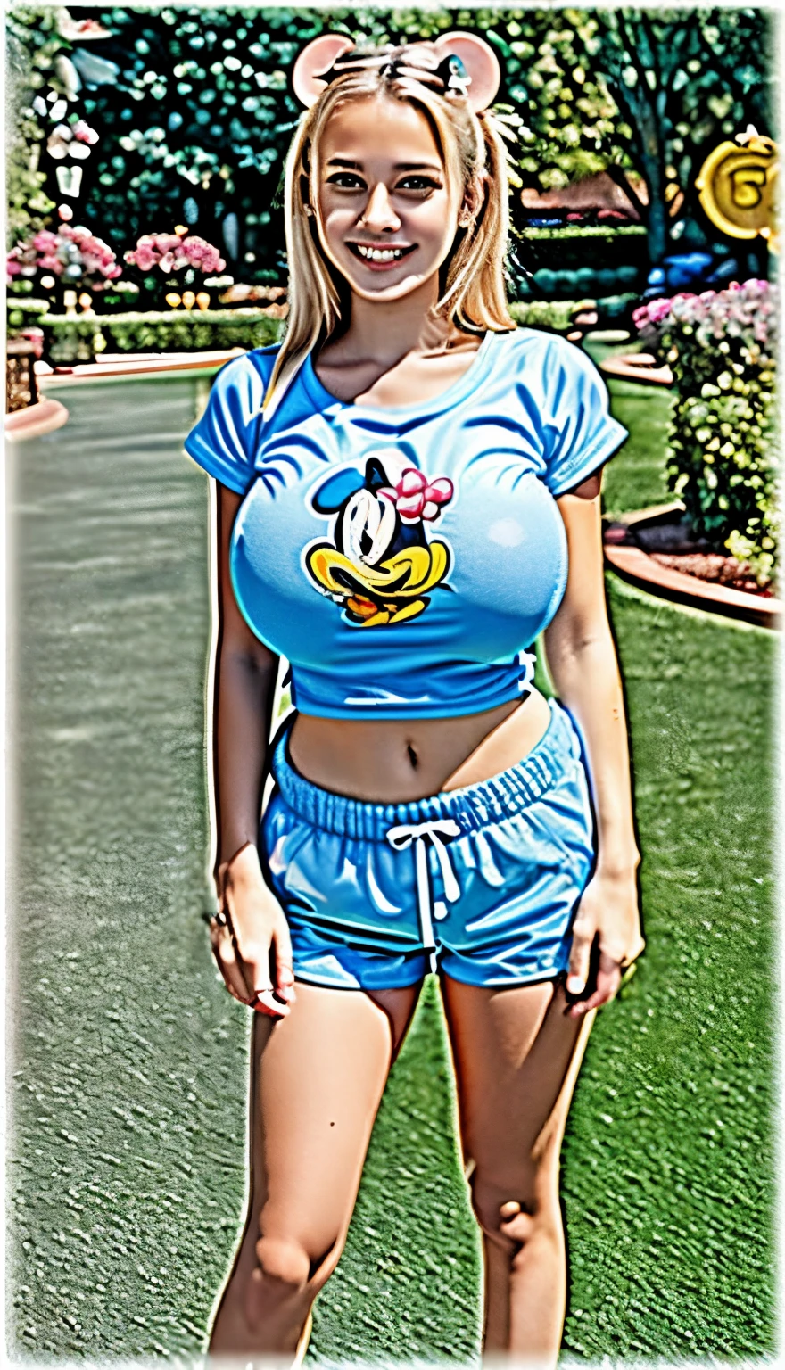blonde girl with very huge boobs in a blue shirt and shorts posing for a picture, disney photo realistic, disney!!!!, wearing a cute top, insanely inflated hips, photorealistic disney, beautiful mouse - girl, barrel chested, mickey mouse, large breasts size, wearing tight shirt, donald duck in real life, disney!!, disney character, belly exposed