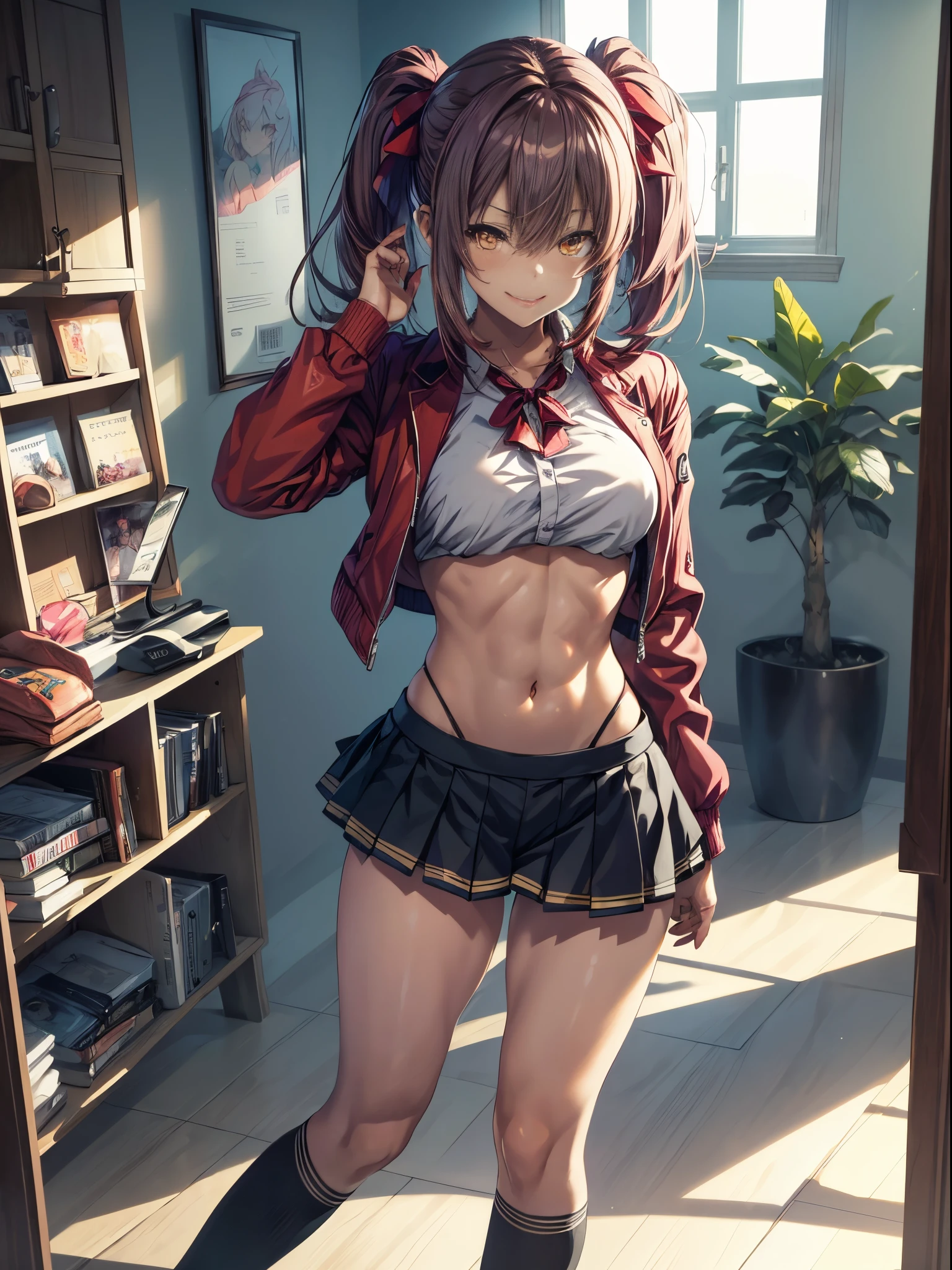 (1 girl), mischievous smile, on the beach, (muscular ass), (small waist), (butt only), (((Ichika Amasawa))), red ribbons in her hair, ((wide yellow eyes)), good anatomy, perfect hands, (((perfect, muscular legs))), thin waist, muscular abdomen, wearing black high heel shoes, full body photo, (standing), elongated eyes, eye reflection, anime, anime style , ray tracing, luminous lighting, panorama, Sony FE, 8k, hard disk, hard disk, master piece, ccurate, anatomically correct, textured skin, super detail, high details, high quality, high, hard disk, 16k