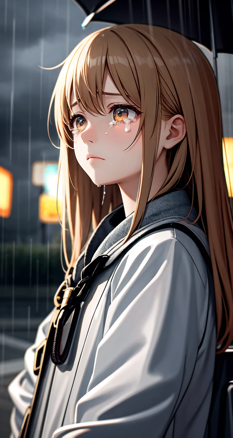 High resolution, very detailed, detailed background, movie lighting, outdoor, cloudy, rain, 1 girl, tears, sad expression