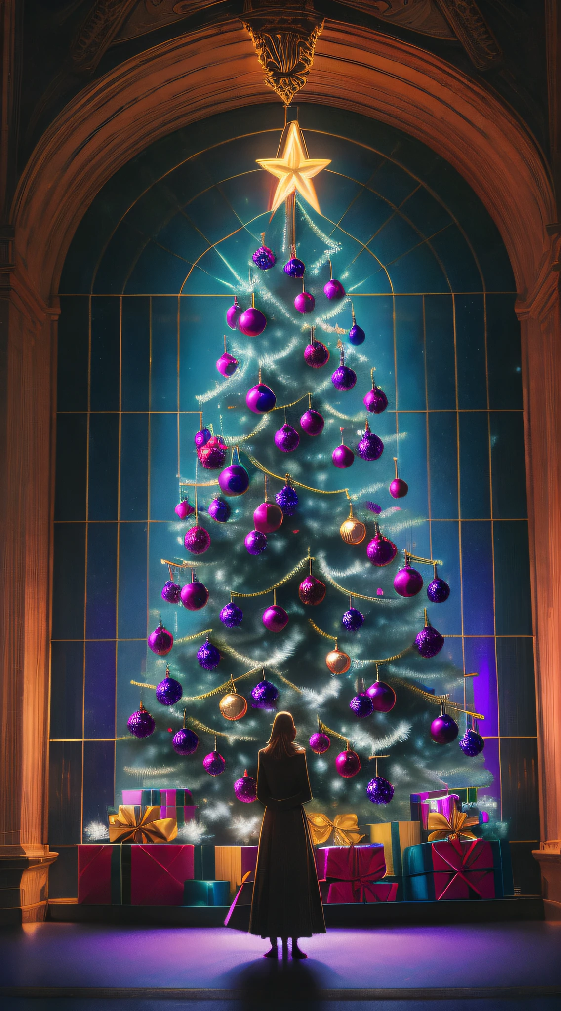 Uma obra-prima de qualidade excepcional, depicting a Christmas scene that transcends the limits of resolution, reaching 8K. Imagine a scenario where a huge window dominates the center of a dark and gloomy room.. An imposing Christmas tree stands in the center, iluminando a sala com azulado, ultraviolet light while creating an atmosphere of mystery and romance. A cena, inspirado nos estilos rafaelita, Craig Mullins e Katsuhiro Otomo, incorpora detalhes intrincados, providing an ultra-realistic and immersive experience. Cinematic lighting, uso de materiais PBR, e o renderizador Octane garantem que cada elemento seja reproduzido perfeitamente. This portrait is a true masterpiece, matching gothic, baroque and neon elements in a majestic and androgynous composition. The gigantic window and the Christmas tree create a fascinating contrast, while ultraviolet light adds an interactive and surreal feel to the environment.