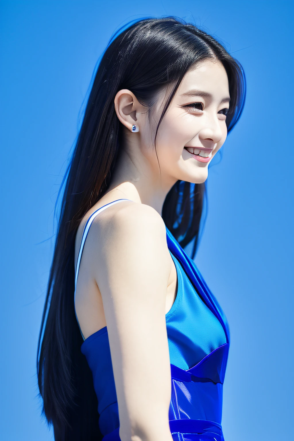 asterpiece, Best Quality, 1girl in, Profile face, a stunning face, Blue background, Blurry, blown eyes, Long hair, Upper body,Transparency,Elegant,Double eyelids,chuckle,Full body,Smile