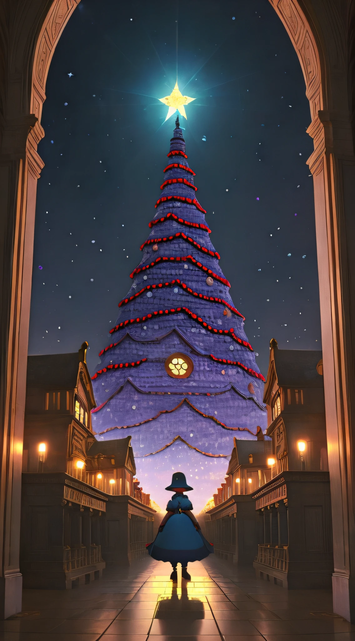 Num estilo que mescla a maestria do Megaupload, ghibli studio, Akira, e Miyazaki, imagine an ultra-detailed, gothic Christmas scene. A colossal window in the middle of a gloomy room reveals a baroque setting with a gigantic Christmas tree in the center. The atmosphere is romantic and spooky, with a blue and ultraviolet color palette contrasting with the darkness. This animated set from Madhouse INC and Studio Ghibli captures the essence of works like 'Howl's Moving Castle' with an androgynous touch, amigurumi feeling. Using an ultra-wide angle provides a wide view, while Unity engine technology ensures an interactive experience. Ray tracing effect enhances cinematic lighting, bringing out every intricate detail. Neste retrato, the union of styles creates a majestic and ultra-realistic image, making it truly memorable in 8K resolution
