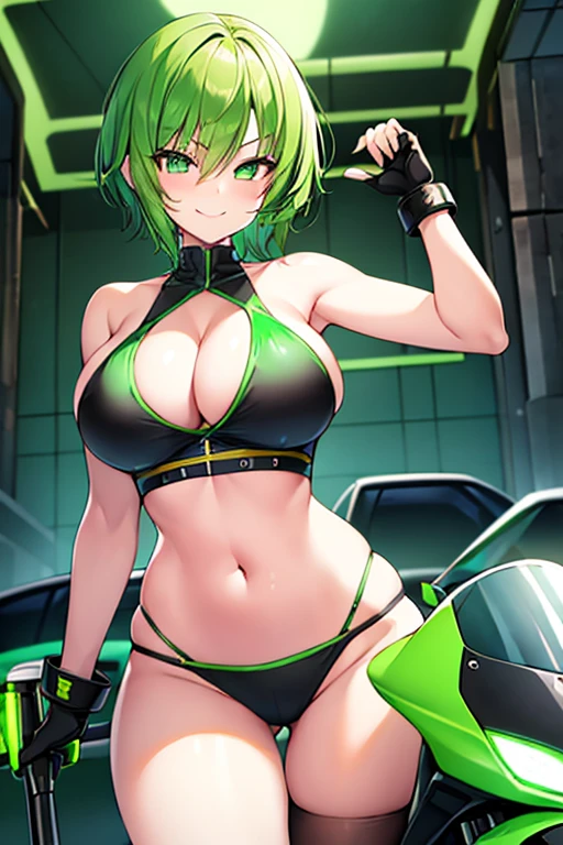 1girl, large breasts, wide hips, green hair, very short hair, short hair, green eyes, bikini, black bikini, neon trim, green neon trim, smile, smirk, smug, futuristic, science-fiction, tech, machinery, shoes, sneakers, motorcycle, motor vehicle
