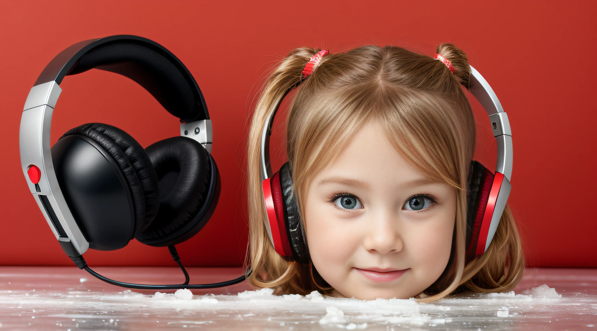 Halo NO GELO , CHILD GIRL BLONDE LONG HAIR, Headphone, fundo vermelho,