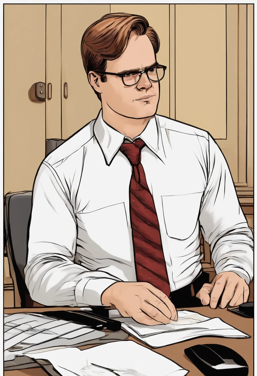 A photo of Dwight meticulously organizing his desk with military precision.,The Office,Dwight Schrute, another character from “The Office,” is known for his distinct, somewhat antiquated appearance: a stern expression, a rigid, formal posture, and usually dressed in a mustard-colored shirt and dark tie. His hairstyle is severe and practical, matching his no-nonsense attitude. , male