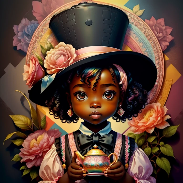 ((|) (cute black  with pink top hat, tea pot and flowers) stylized identical to 1940 |)), acolchoamento ,multidimensional geometric wall PORTRAIT, arte, Chibi,
Yang016K, lindo,(( Predominant red coloration ,rosa e branco))
Primary works, qualidade superior, melhor qualidade, Arte Oficial, Beautiful and Aesthetic,),  Eduardo Kobra acolchoamento ,multidimensional geometric wall PORTRAIT, arte, Chibo,detalhes