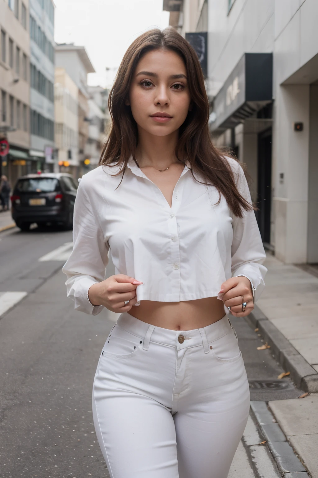 ((best quality)), ((master part)), (circunstanciado),
foto extremamente detalhada
rosto perfeito
morena com pele mais clara com olhos castanhos claros, She is wearing a white blouse and jeans, a clean face, walking down the street