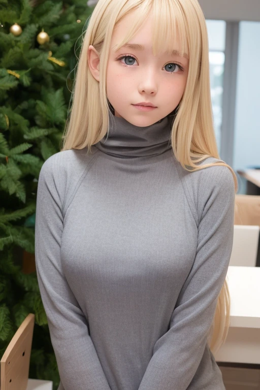 a very cute blonde  girl wearing gray chest-hole-cut-out turtleneck, raw photo