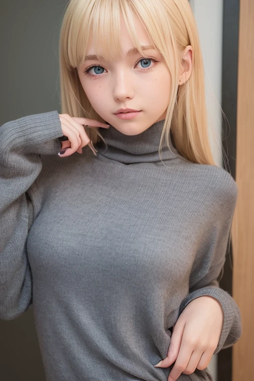 a very cute blonde  girl wearing gray chest-hole-cut-out turtleneck, raw photo