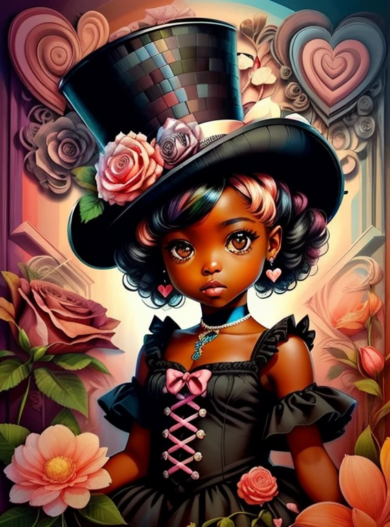 ((|) (cute black baby girl with pink top hat, flowers and lots hearts) stylized identical to 1940 |)), acolchoamento ,multidimensional geometric wall PORTRAIT, arte, Chibi,
Yang016K, lindo,(( Predominant red coloration ,rosa e branco))
Primary works, qualidade superior, melhor qualidade, Arte Oficial, Beautiful and Aesthetic,), Eduardo Kobra acolchoamento ,multidimensional geometric wall PORTRAIT, arte, Chibo,detalhes