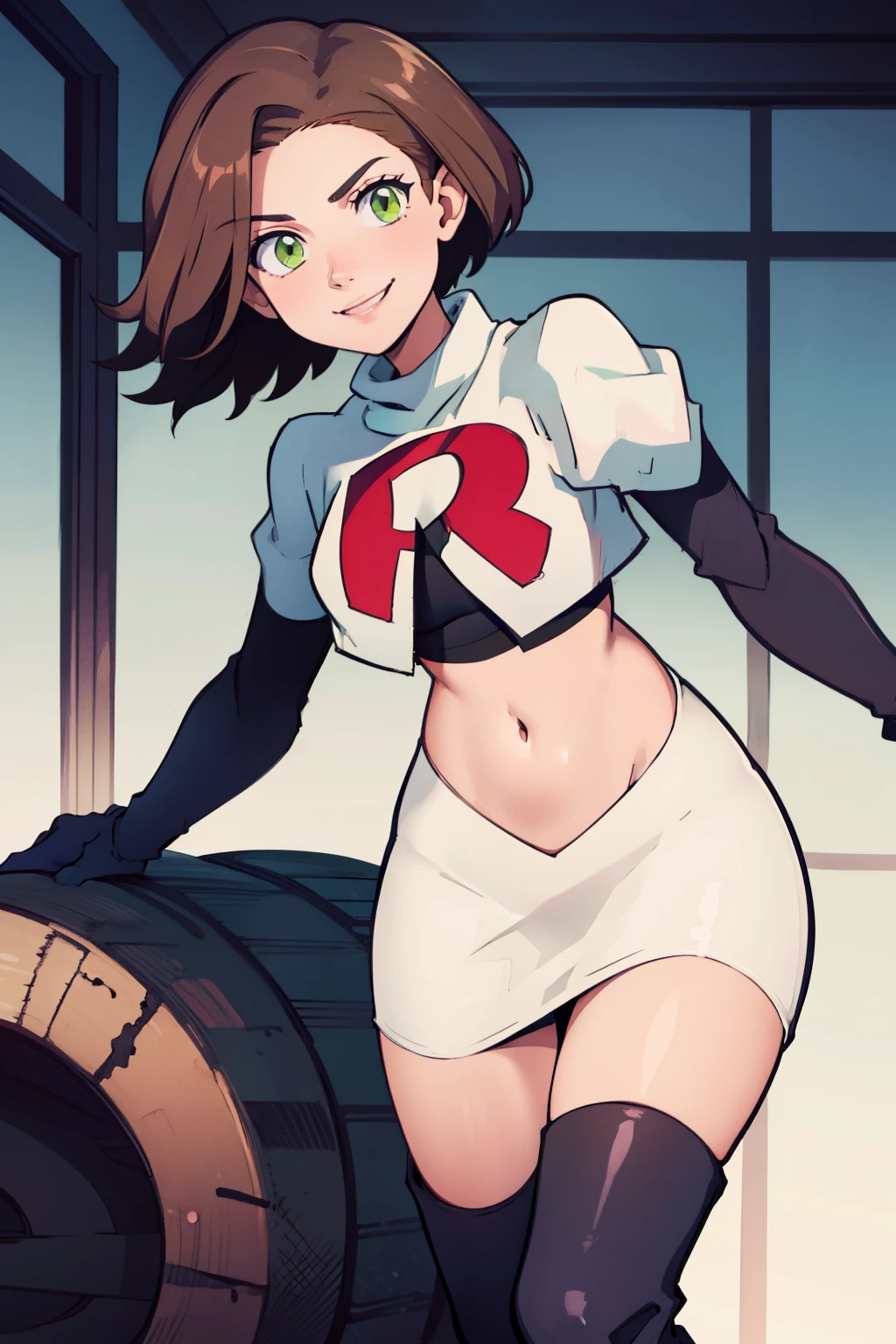 haru okumura, (brown eyes:1.5), brown hair, short hair, ,glossy lips, light makeup, eye shadow, earrings ,team rocket,team rocket uniform, red letter R, white skirt,white crop top,black thigh-high boots, black elbow gloves,evil smile, looking down on viewer,  hands on hips