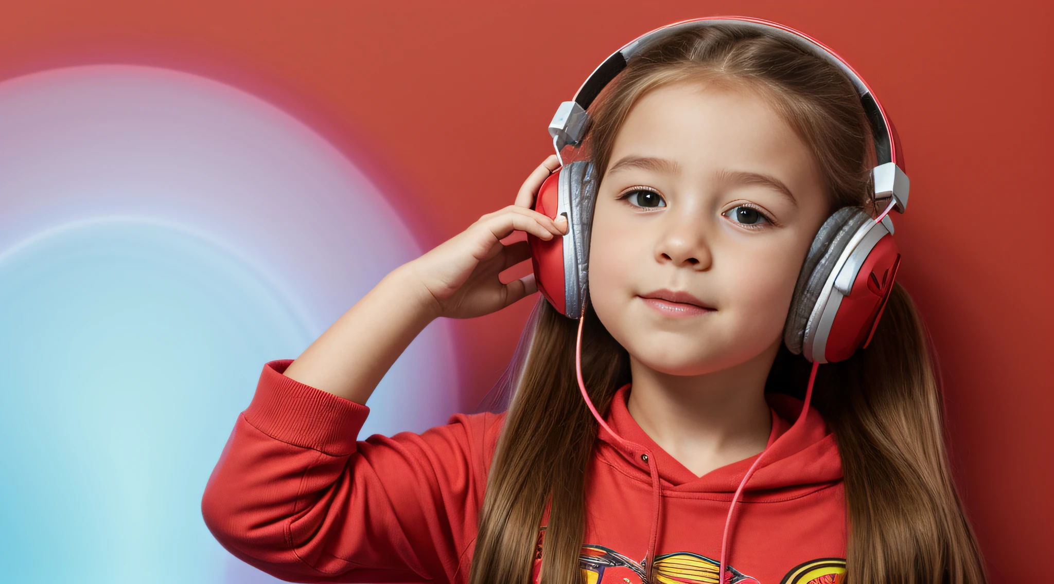 Halo NO GELO , CHILD GIRL BLONDE LONG HAIR, Headphone, fundo vermelho,