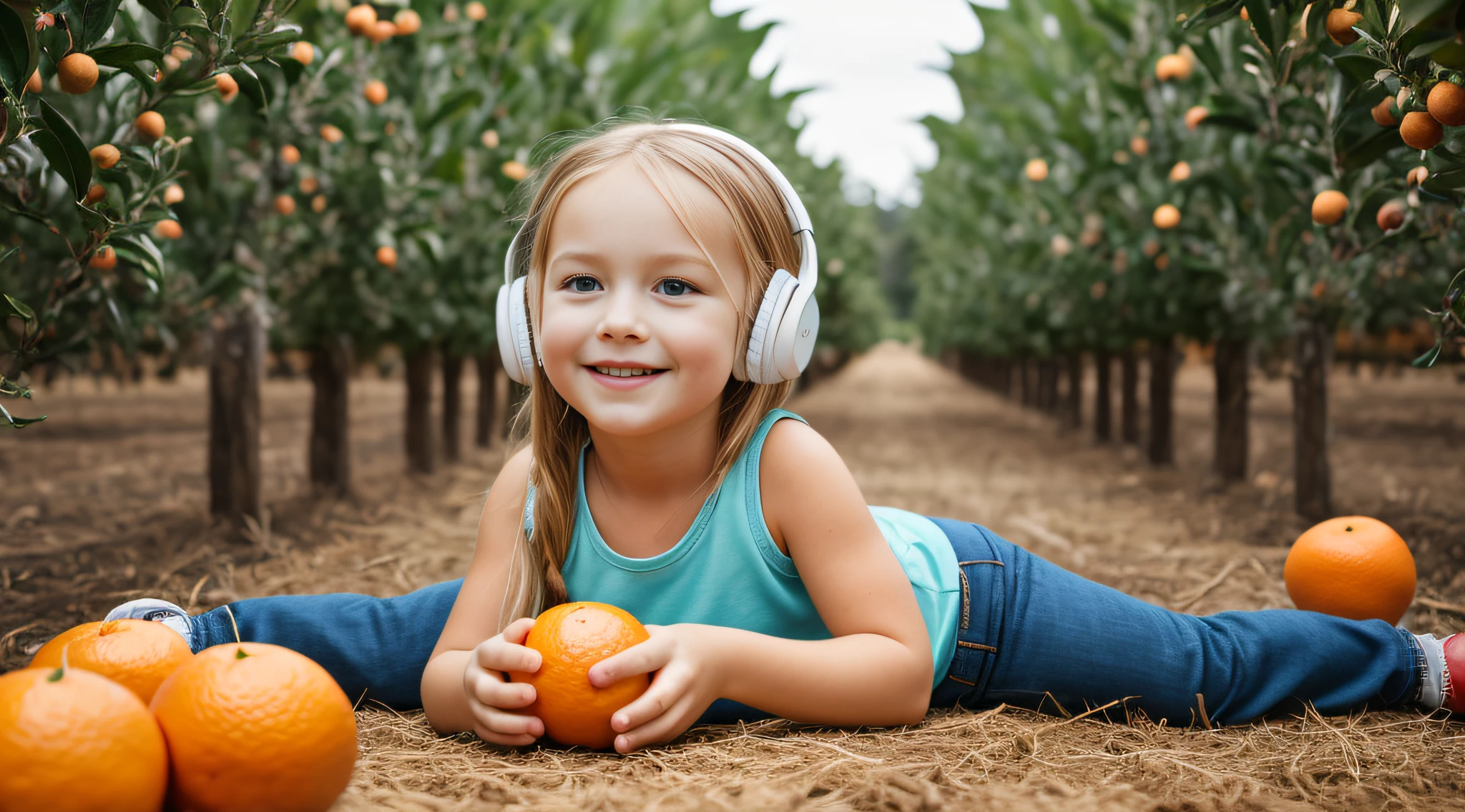 fazenda, Laranjas, elma , CHILD GIRL BLONDE LONG HAIR, Headphone, fundo vermelho,