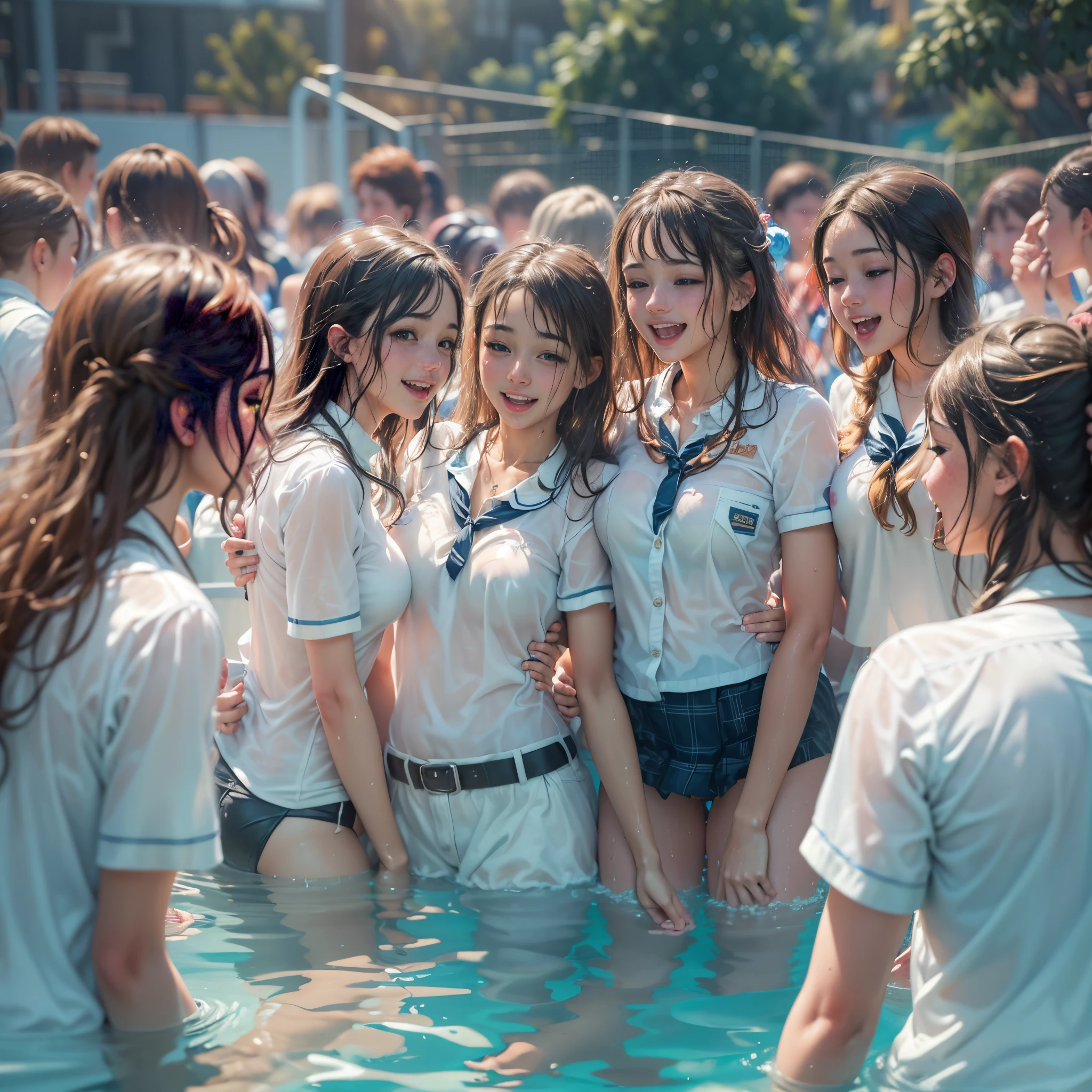 (Best Quality, Masterpiece, High Resolution: 1.3), pool party, wet girls, 18th birthday celebration, wet bodies, wet hair, warm day, see through, transparent, playful, smiles, crowded, white school uniforms, photorealistic, hdr, raw photo, candid, wild party, nsfw, submerged, shoulder deep