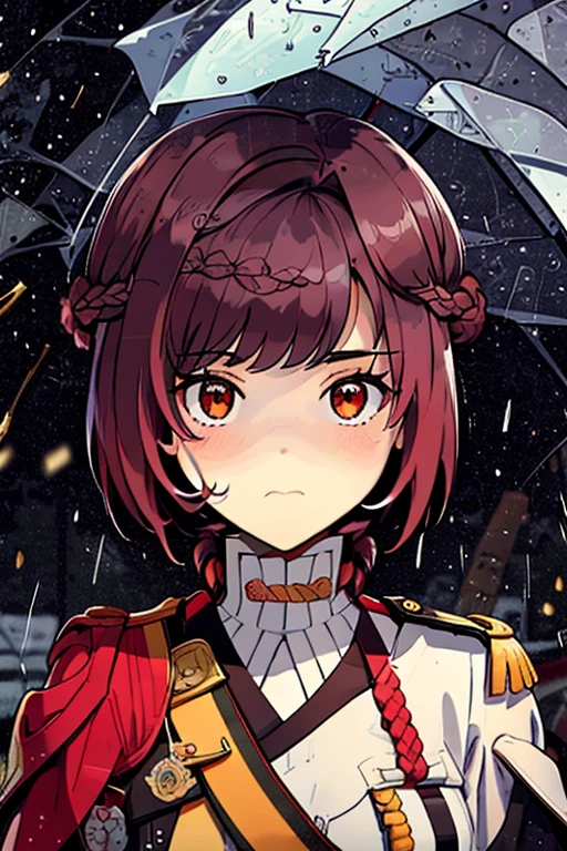 fluffy hair,Red hair,((Braided shorthair)),Slightly red tide,((Gold eyes)),(gloomy rainy meadow),((rifle or handgun)),(Rainy meadow with a warm and modern atmosphere),(Black military uniform),Staring at me, Smile with a kind face, ((drooping eyes)), 9 grids, 9 poses and expressions,