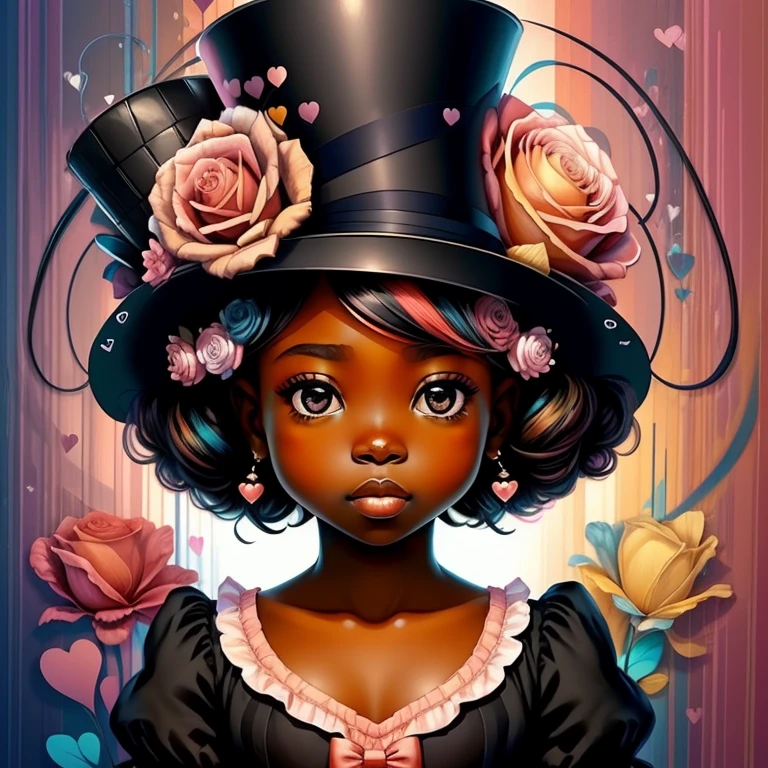 ((|) (cute black baby girl with pink top hat, flowers and lots hearts) stylized identical to 1940 |)), acolchoamento ,multidimensional geometric wall PORTRAIT, arte, Chibi,
Yang016K, lindo,(( Predominant red coloration ,rosa e branco))
Primary works, qualidade superior, melhor qualidade, Arte Oficial, Beautiful and Aesthetic,),  Eduardo Kobra acolchoamento ,multidimensional geometric wall PORTRAIT, arte, Chibo,detalhes