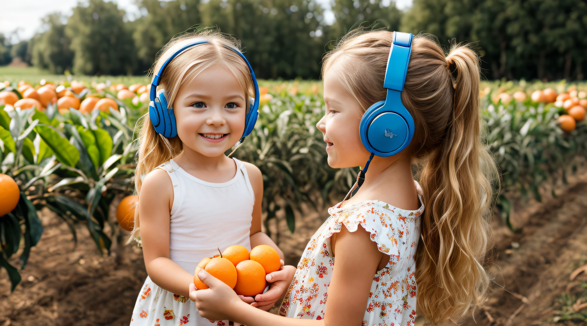 fazenda, Laranjas, elma , CHILD GIRL BLONDE LONG HAIR, Headphone, fundo vermelho,