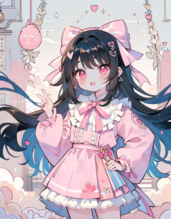 azhiichigo style,Big eyes, dense lines, Cute,,Uecla.Khoico,,Upper body,.\(Style\):Kawaii Style,,..\(Composition\):\1girl in,,.. consistency,Naughty face,Smile,Wavy Hair,Dark hair,Crimson Eye,..\(Clothing\):,(Clothing with a lot of frills, Lace and ribbon:1.2),(Pastel Color Style:1.1),put hands on the hip,Cheeky face,White and pink clothes,White and pink shoes,,..\(Behavior\):,..\(location\): (surround,Heart-shaped gemstones, Starry Heart),,..\(quality\): Best Quality,masutepiece,,.,