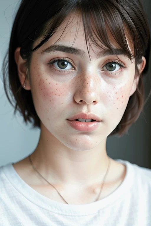 Detailed and realistic portrait of a woman with some freckles, round eyes and messy short hair, wearing a white t-shirt, staring at the camera, chapped lips, soft natural light, portrait photography, magical photography, dramatic lighting, photorealism, ultra-detailed, intimate portrait composition, Leica 50mm, f1. 4 pcs