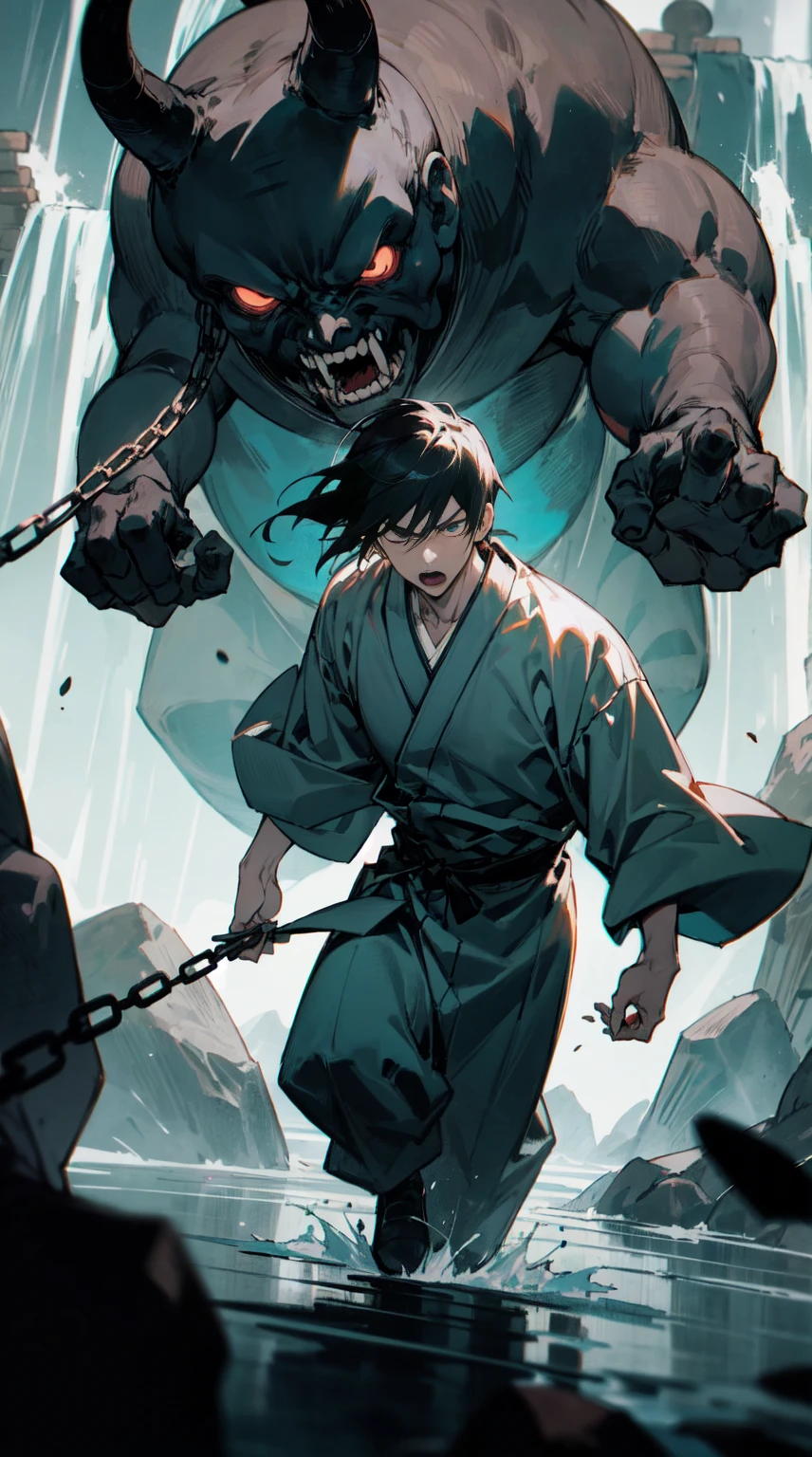 Daitoji is a mysterious and powerful figure, Stand by the waterfall, surrounded by thick fog. he is chained, Seems unshakable and unbreakable. His eyes were full of cruelty and contempt, arouse intense fear in the audience. The great Toji looks like an ancient demon,Wearing white jogging pants,Wearing a black kimono, The embodiment of evil and mystery. It exudes a powerful aura, causing the air around him to tremble,produce a feeling of imminent danger. The roar of the waterfall and the sound of the chains add to the atmosphere of fear and tension. The great Toji looks directly into the eyes of his audience, As if I read his thoughts,and inspire awe in the deepest recesses of his soul. His dark eyes sparkled like burning coals, Reflecting infinite wisdom and evil power. Daitoji Temple in the waterfall gives people a feeling, He is the owner of this place, The embodiment of his spirit and unshakable force of nature. He has incredible magic power, It can even make the bravest、The bravest are in awe. The great Toji Temple symbolizes the great power of nature, both beautiful and terrifying. His appearance is full of symbolism and mystery. runic, Engraved on his body and chains, Keeping the secrets of ancient magic and long-forgotten rituals. Daitoji Temple is the crossroads between the human world and the spiritual world, His presence calls us to explore the depths of our inner world. it stands near a waterfall, This is a symbol of strength, Revival and Overcoming Obstacles. The sound of running water and dense fog, Around Daitoji Temple, Creates an impression of incomprehensible mysticism and power, Hidden in this place. The great Toji Temple evokes in us mixed feelings—fear and admiration, horror and joy. it reminds us, deep in our hearts, we must explore and accept, unlock our true potential.