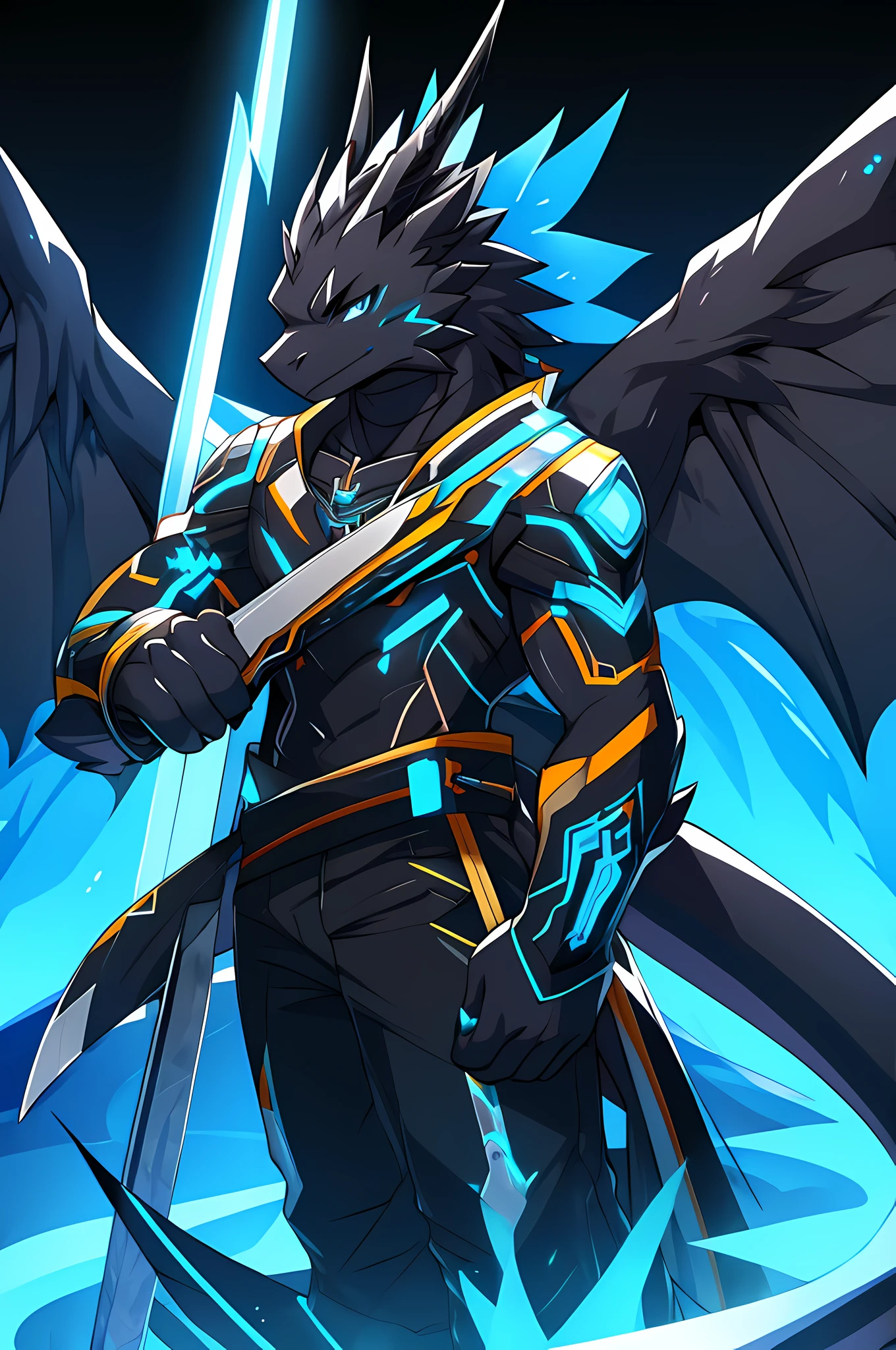Black dragon. fantastic warrior. RPG. Llamas azules. sosteniendo una espada. big dragon wings. usar pantalones. Outfit futurista. pose genial. estilo antro. Arte peludo.