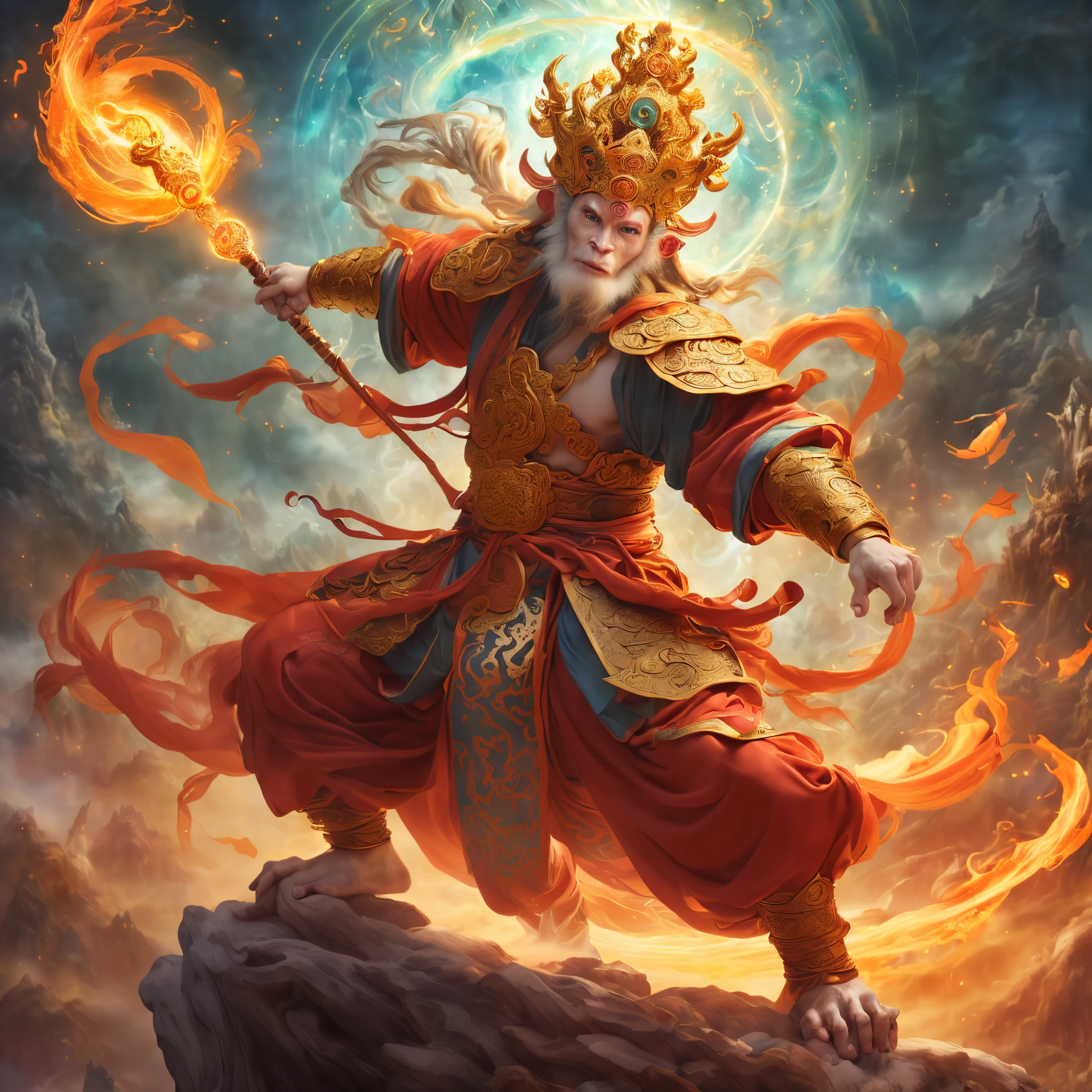 The all-powerful Monkey King with supernatural powers through Taoist practices, illustration, detailed eyes and face, mystical atmosphere, vibrant colors, wispy clouds, mesmerizing brush strokes, (best quality, high-res, masterpiece:1.2), epic battle scene, glowing staff, martial arts prowess, mythical creatures, agile movements, ancient Chinese setting, divine aura, ethereal lighting, golden crown, intricate details, energetic poses, dynamic composition, Chinese calligraphy, divine intervention, traditional robes, mystic symbols, mythical landscapes, colorful explosions, mystical transformation, epic storyline, intense energy, godlike powers, monumental temple, legendary warrior, immersive experience, ancient scrolls, fierce determination, legendary adventures, majestic presence, (your divine essence shines in all aspects),(the embodiment of grace and strength),(uma criatura celestial que transcende fronteiras)