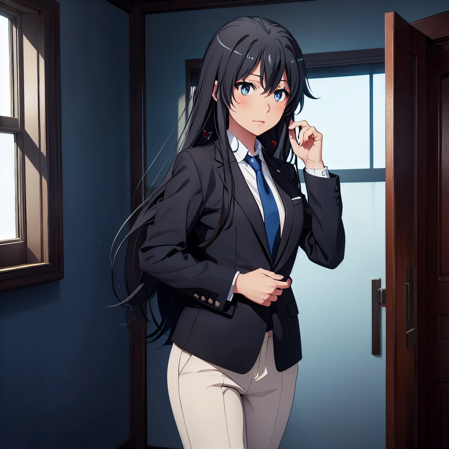 1GIRL , Yukinoshita yukino , Yukinoshita yukino,woman in formal attireactive suit tuxedo tailcoat standing in a large alcove in the room, 1girl, solo, necktie, black hair, blue eyes, long hair, smile, jacket, looking at viewer, shirt, pants, blue necktie, collared shirt, white pants, white shirt, indoors, bangs, long sleeves, closed mouth, window, black jacket, blush, cowboy shot, formal, suit, full body