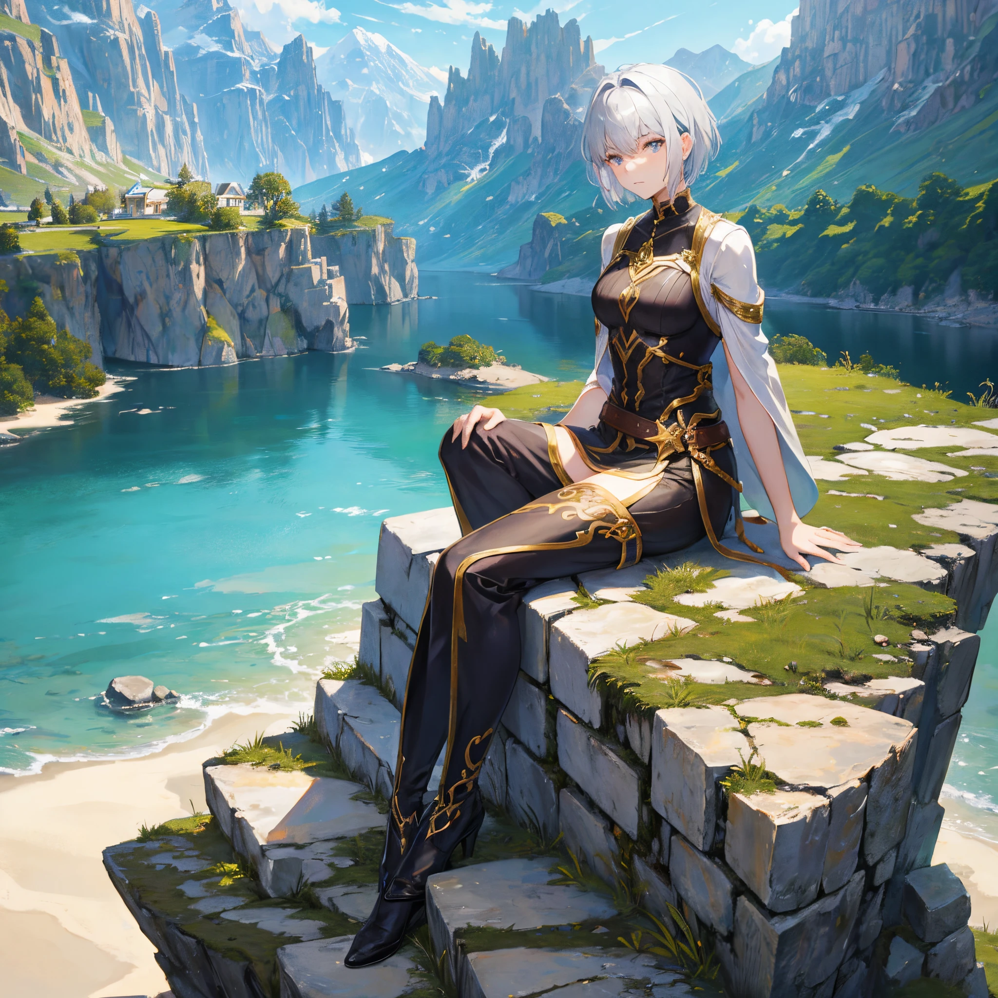 Silver short hair with golden eyes, fantasy world, rpg background, sat on a rock and looking at the sky, full body, lake