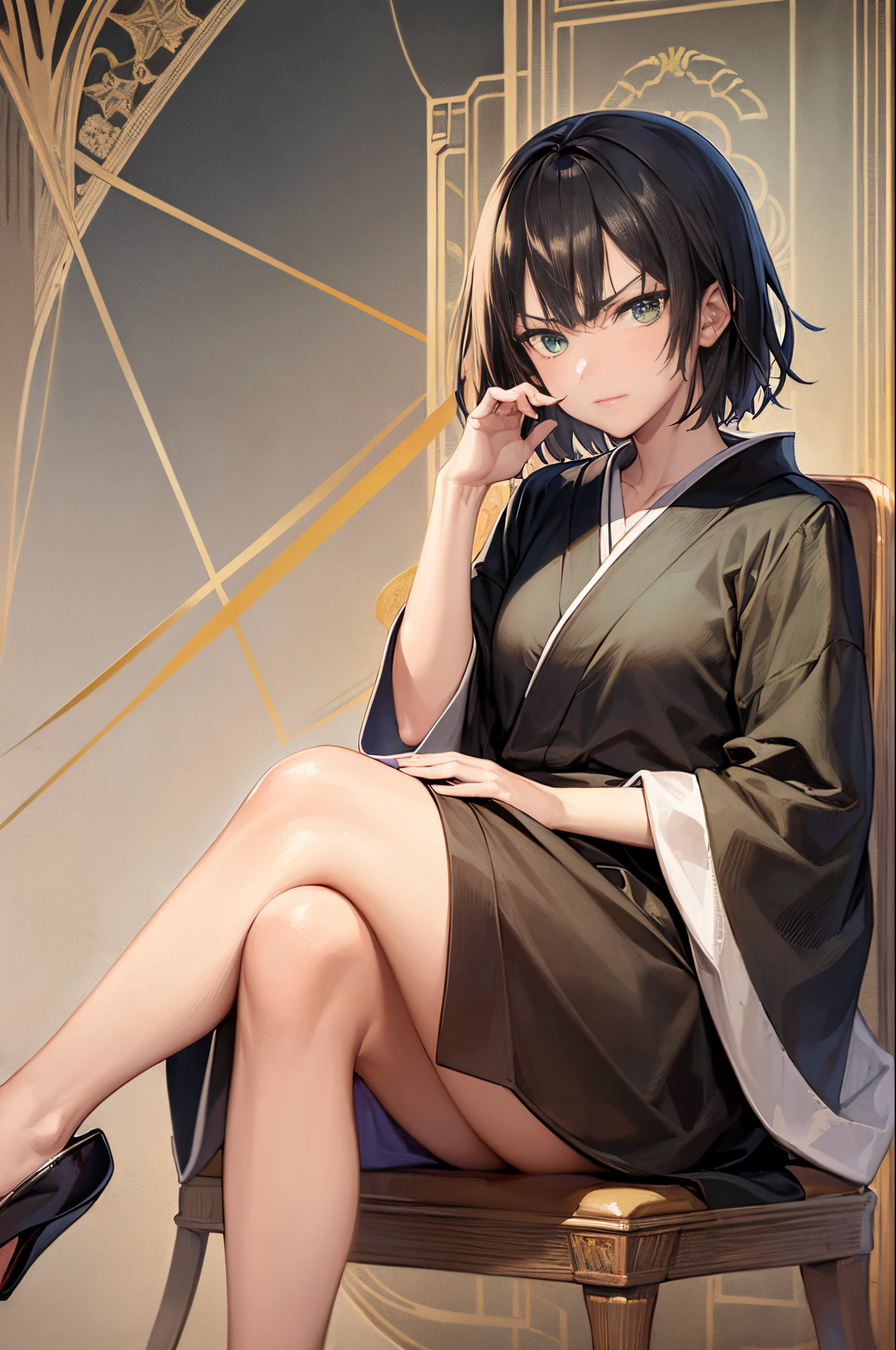 (masterpiece, best quality:1.2), solo, 1girl, fubuki, unamused, closed mouth, looking at viewer, hand on own face, sitting, crossed legs,black short kimono