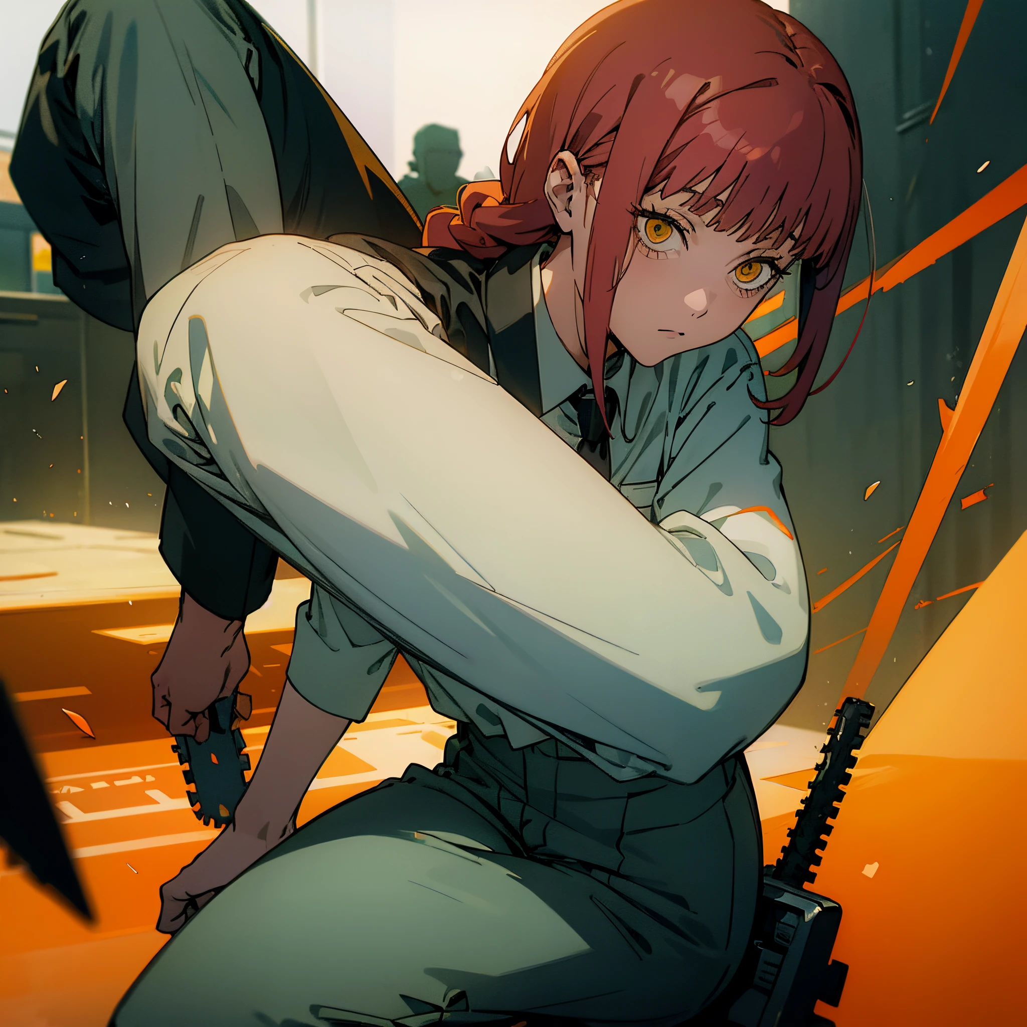Makima chainsaw man, Wear white uniform and black ankle pants, calm face, thick, office background, lustfull, masterpiece