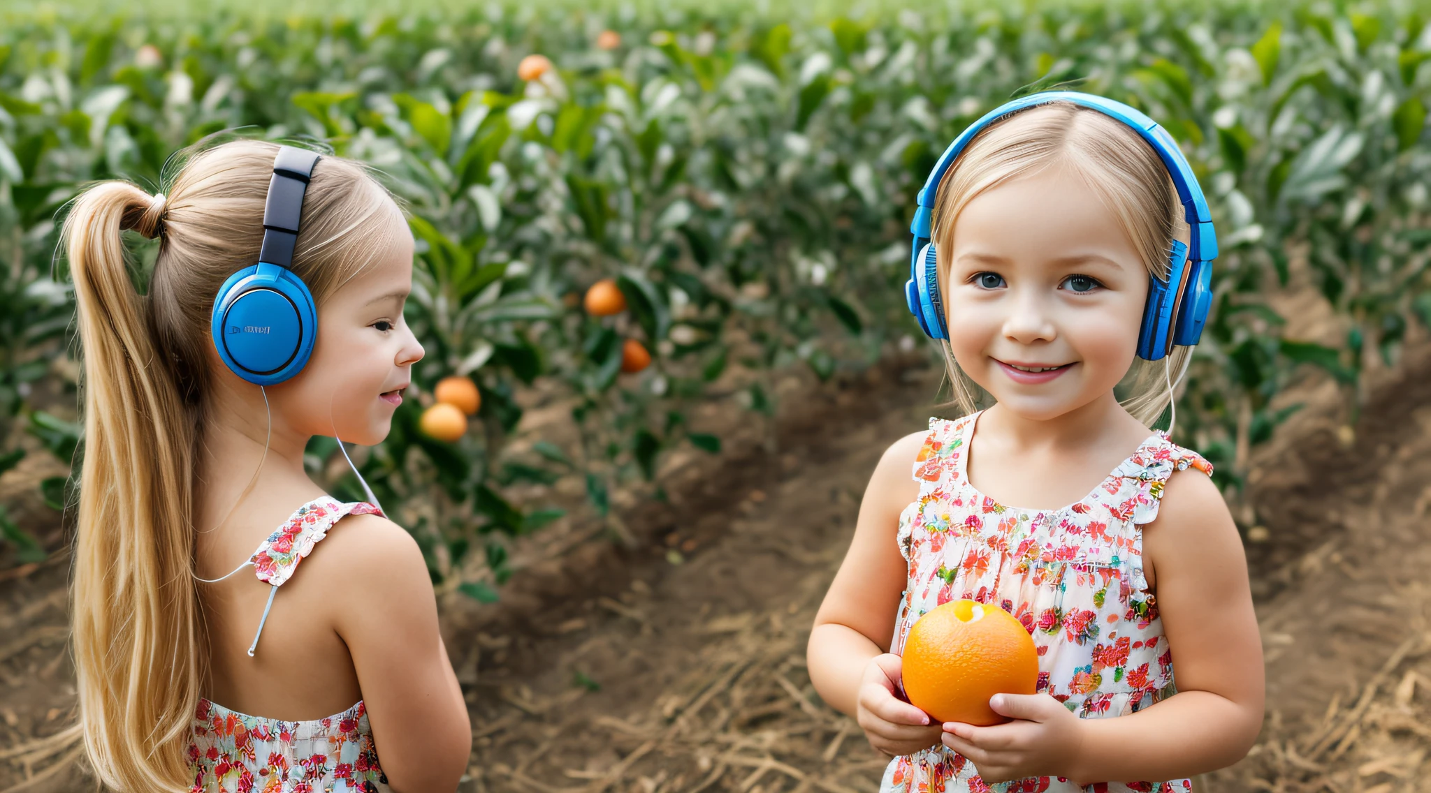 fazenda, Laranjas, elma , CHILD GIRL BLONDE LONG HAIR, Headphone.