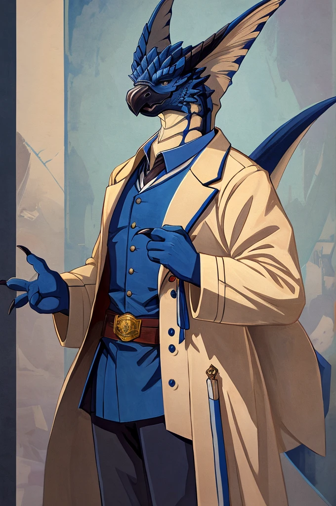 A Legiana as a German official posing for a portrait, white-blue uniform, clawed fingers, 4 fingers, 1900s photograph, long coat, open coat, blue outlining, padded fingers, golden-blue belt, tail,