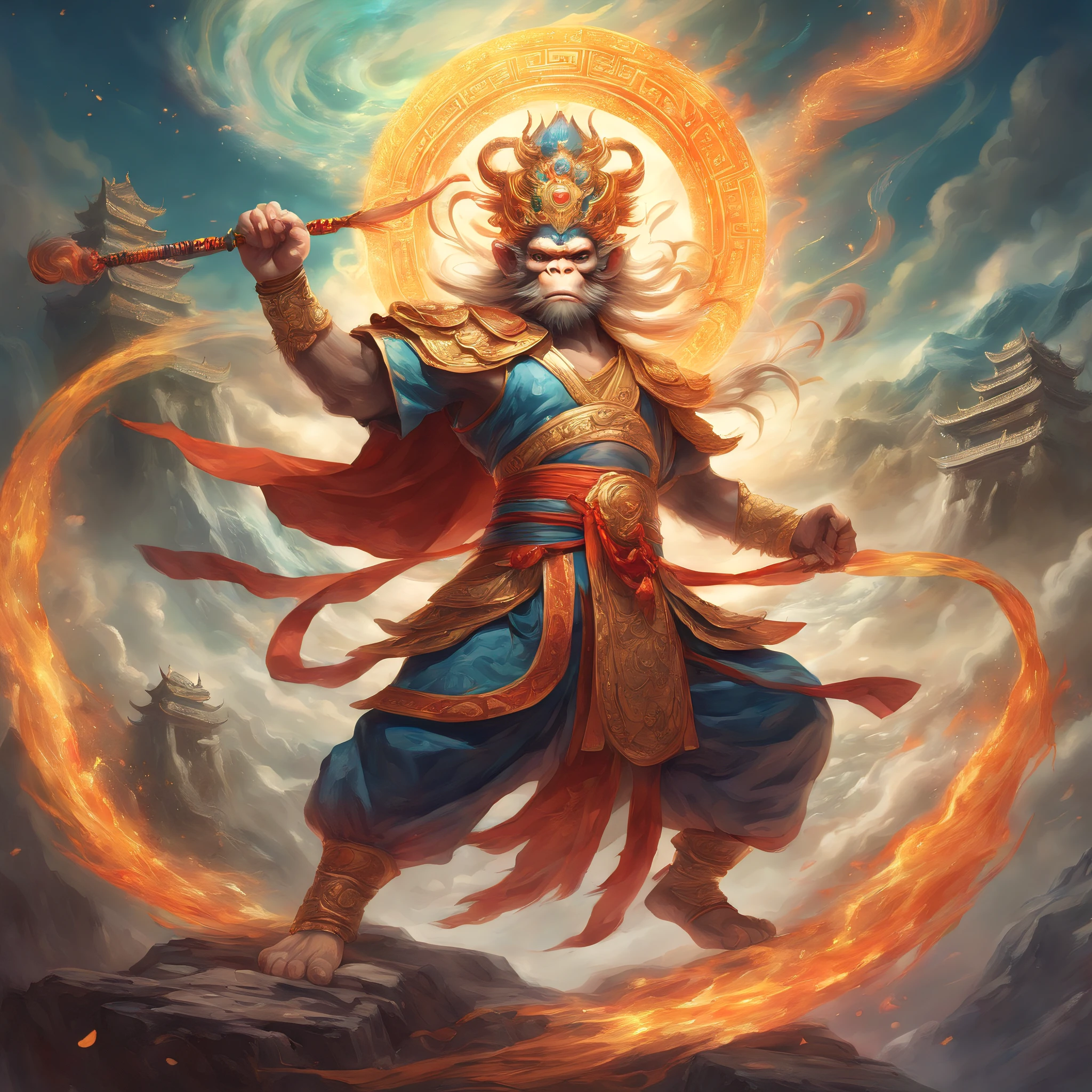 The all-powerful Monkey King with supernatural powers through Taoist practices, illustration, olhos e rosto detalhados, mystic atmosphere, cores vibrantes, nuvens wispy, pinceladas hipnotizantes, (best quality, alta resolução, master part:1.2), epic battle scene, equipe brilhante, proeza nas artes marciais, mythical creatures, agile movements, Ancient Chinese scenery, Aura divina, etherial lighting, coroa de ouro, detalhes intrincados, energy poses, dynamic compositing, Caligrafia chinesa, divine intervention, Traditional bathrobes, Mystical symbols, Mythical Landscapes, colorful explosions, mystical transformation, Epic plot, energia intensa, Poderes divinos, templo monumental, Legendary warrior, immersive experience, Pergaminhos antigos, Fierce determination, Legendary Adventures, majestic presence, (your divine essence shines in all aspects),(the embodiment of grace and strength),(uma criatura celestial que transcende fronteiras)